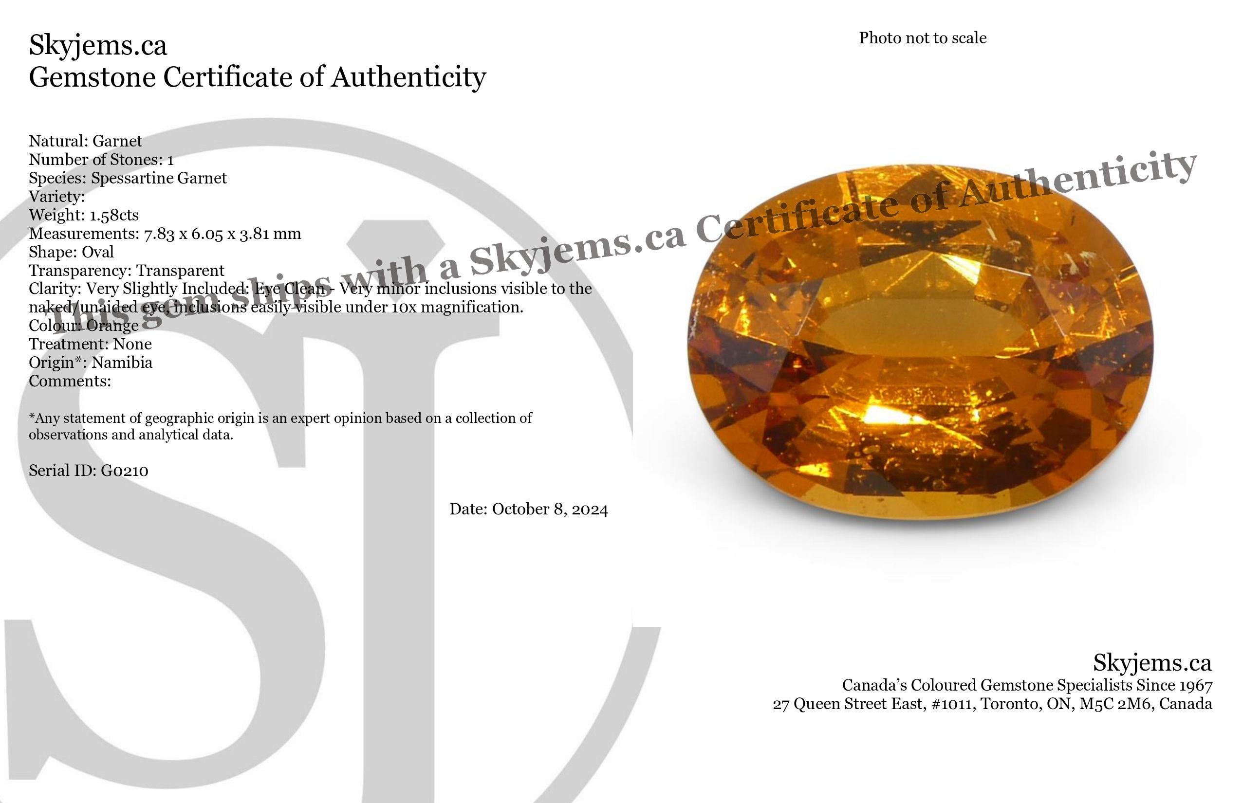 Descripción:

Tipo de gema: Granate 
Número de Piedras: 1
Peso: 1,58 cts
Medidas: 7,83 x 6,05 x 3,81 mm
Forma: Oval
Corte Estilo Corona: Corte Brillante
Pabellón del Estilo de Corte: Corte Escalonado 
Transparencia: Transparente
Claridad: Muy