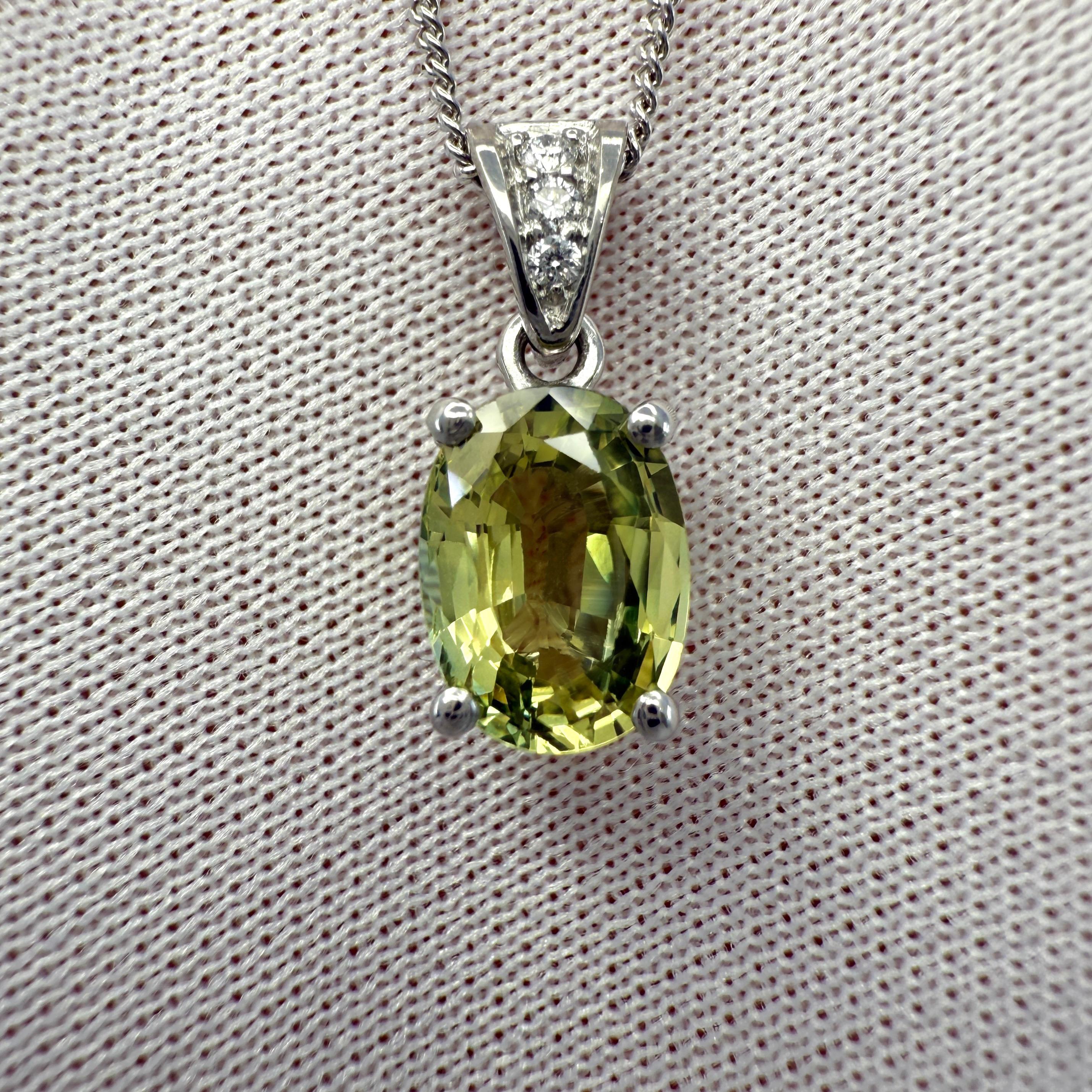Women's or Men's 1.58ct Vivid Green Yellow Sapphire & Diamond Platinum Oval Cut Solitaire Pendant For Sale