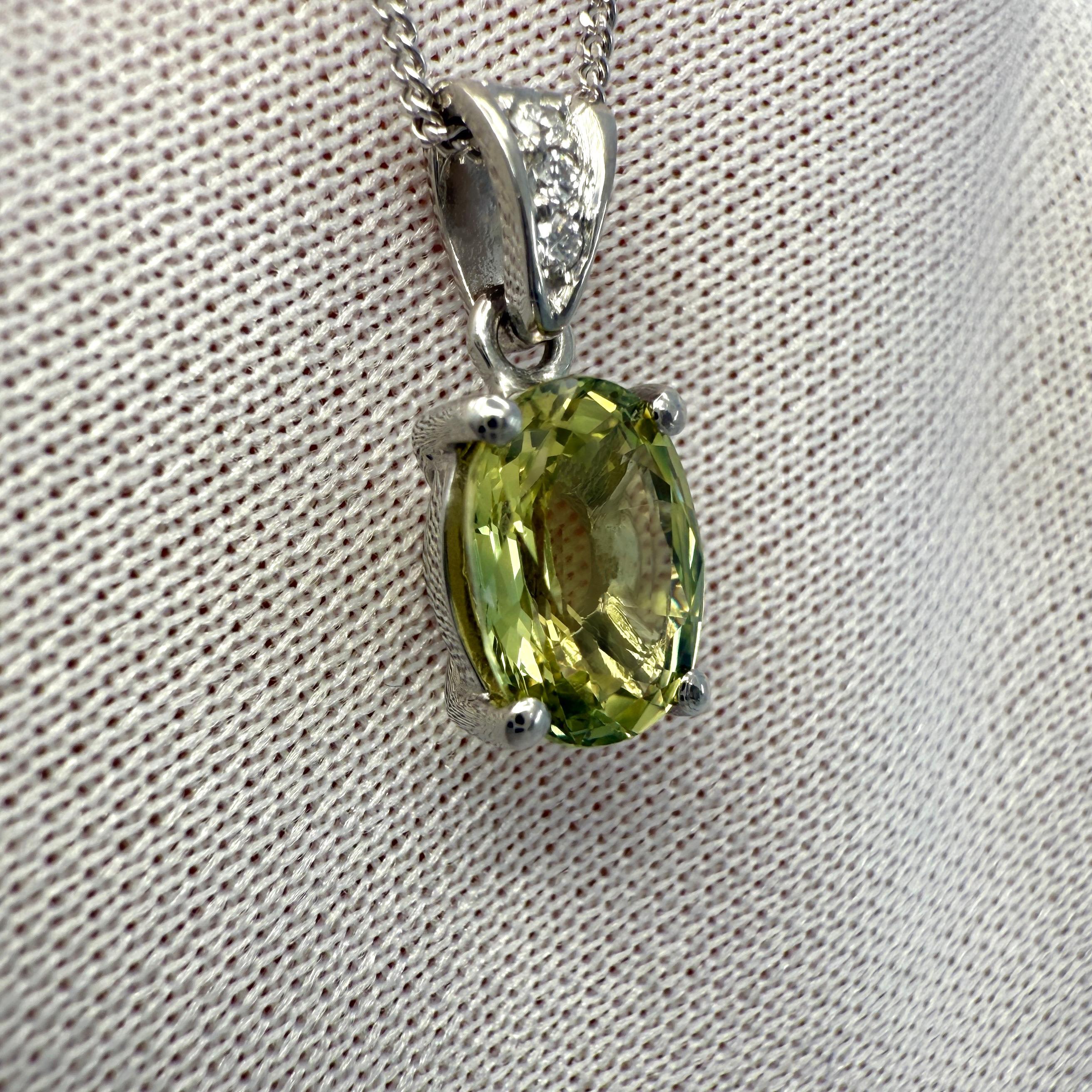 1.58ct Vivid Green Yellow Sapphire & Diamond Platinum Oval Cut Solitaire Pendant For Sale 1