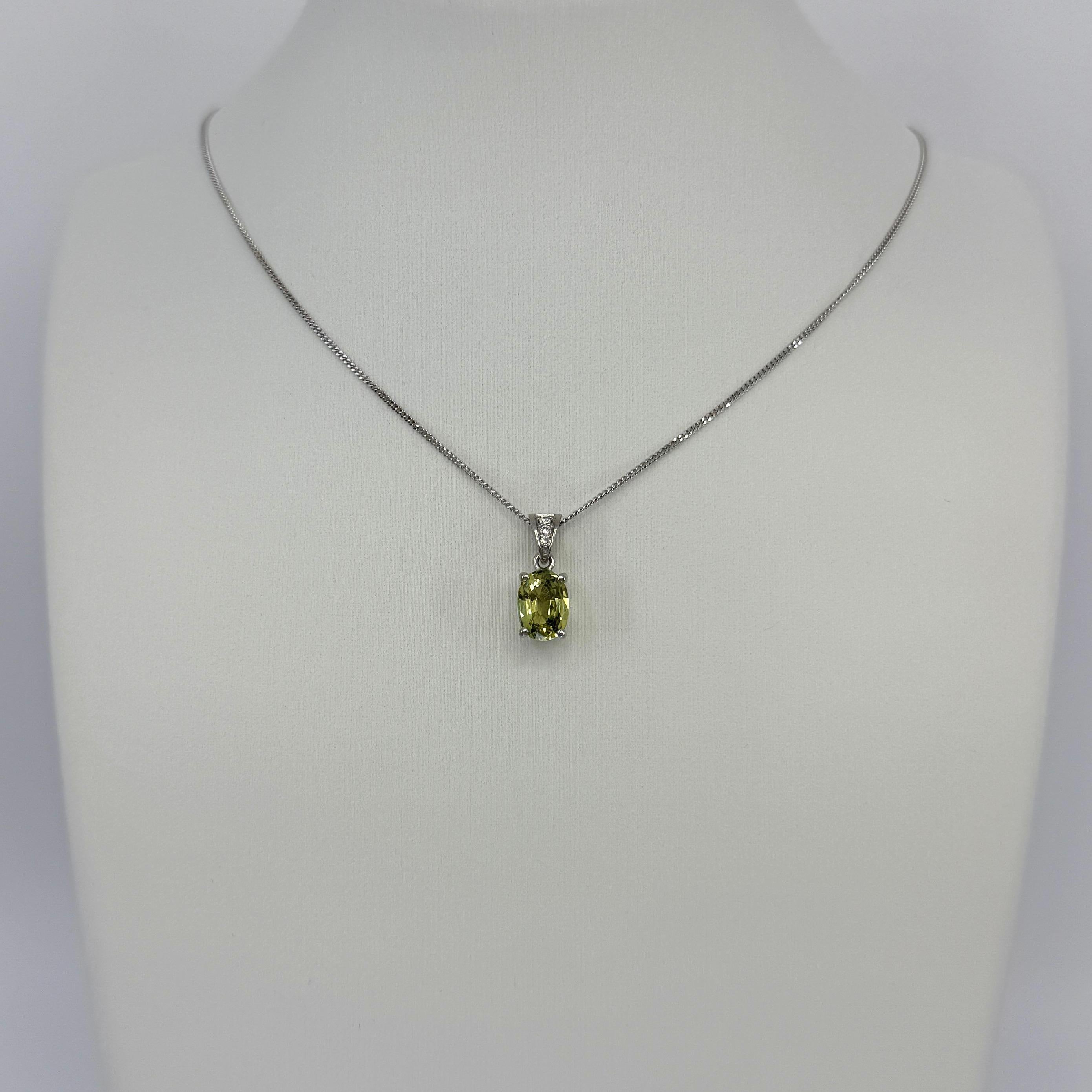 1.58ct Vivid Green Yellow Sapphire & Diamond Platinum Oval Cut Solitaire Pendant For Sale 2