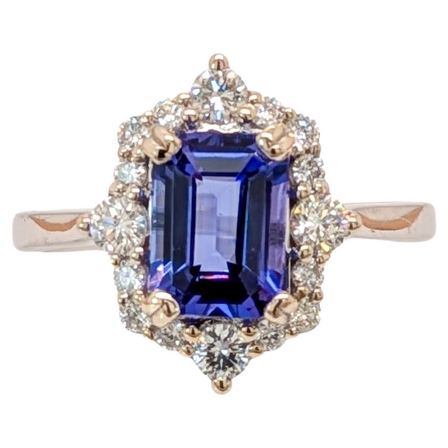 Bague en or 14 carats de 1,58 ct de tanzanite avec halo de diamants Taille émeraude 8 x 6 mm