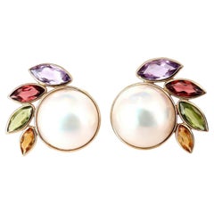 Mabe Pearls Clip Earrings 14kt Gold Amethyst Garnet Citrine Peridot