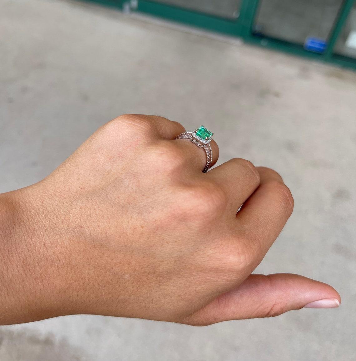 Women's 1.58tcw Colombian Emerald-Emerald Cut & Diamond Halo Anniversary Ring Gift 14K For Sale