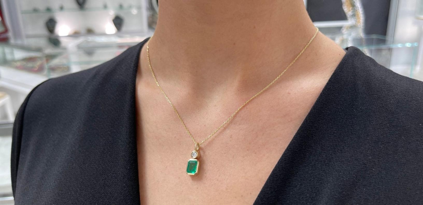 1.58tcw 14K Colombian Emerald-Emerald Cut & Diamond Pendant For Sale 1