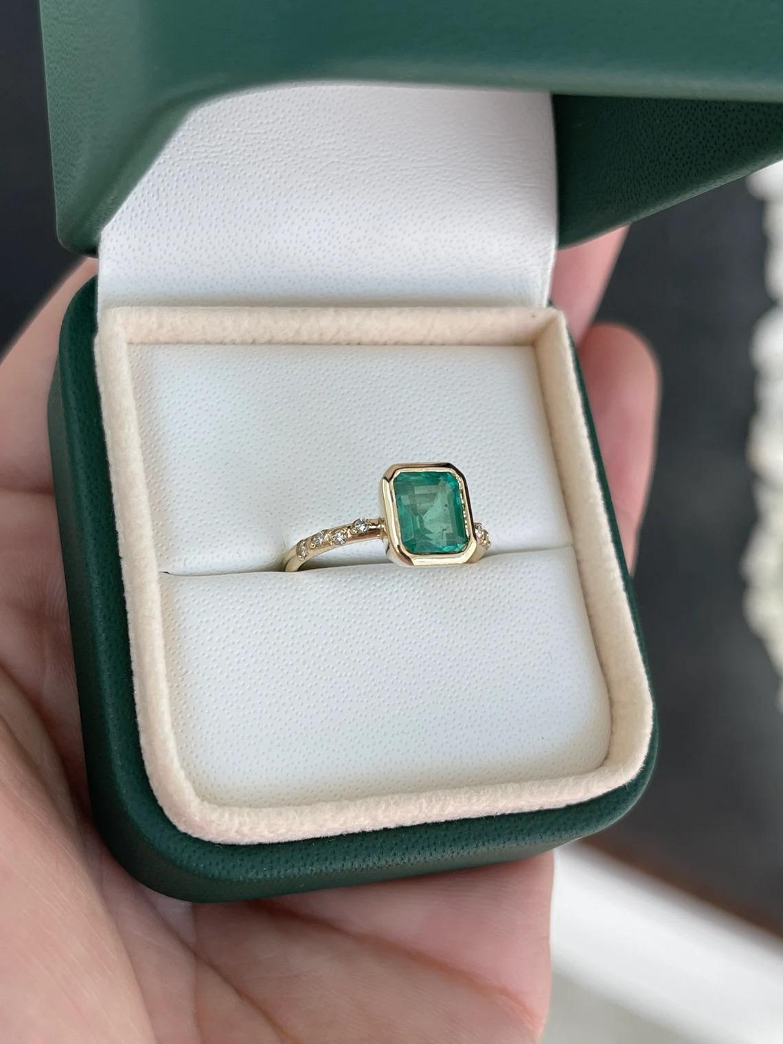 Women's 1.58tcw 14K Natural Green Emerald Cut Emerald & Diamond Shank Accent Bezel Ring For Sale