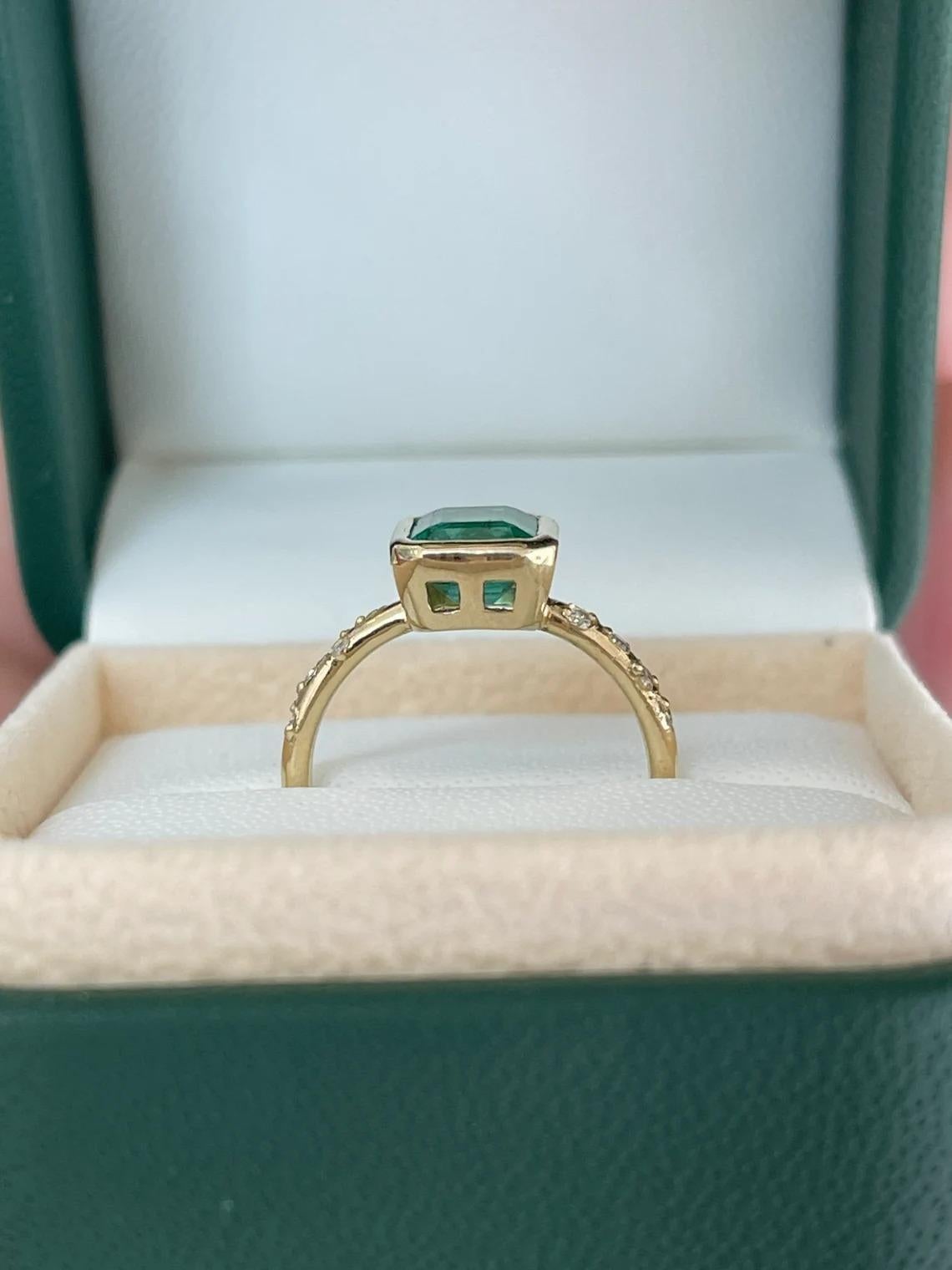 1.58tcw 14K Natural Green Emerald Cut Emerald & Diamond Shank Accent Bezel Ring For Sale 1