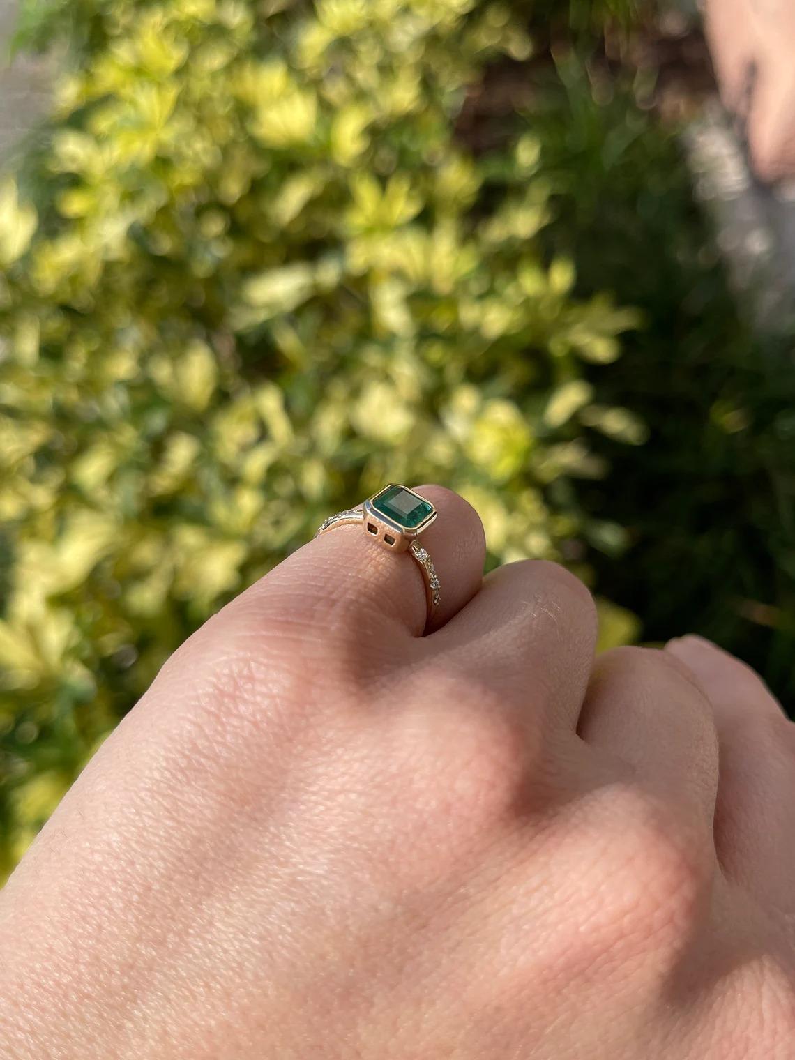 1.58tcw 14K Natural Green Emerald Cut Emerald & Diamond Shank Accent Bezel Ring For Sale 4