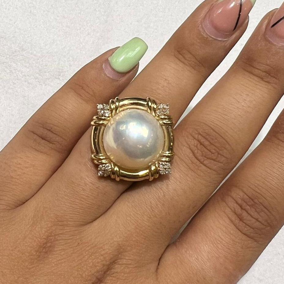 Mabe Perle mit 14k Gelbgold Ring mit Diamanten Damen im Angebot