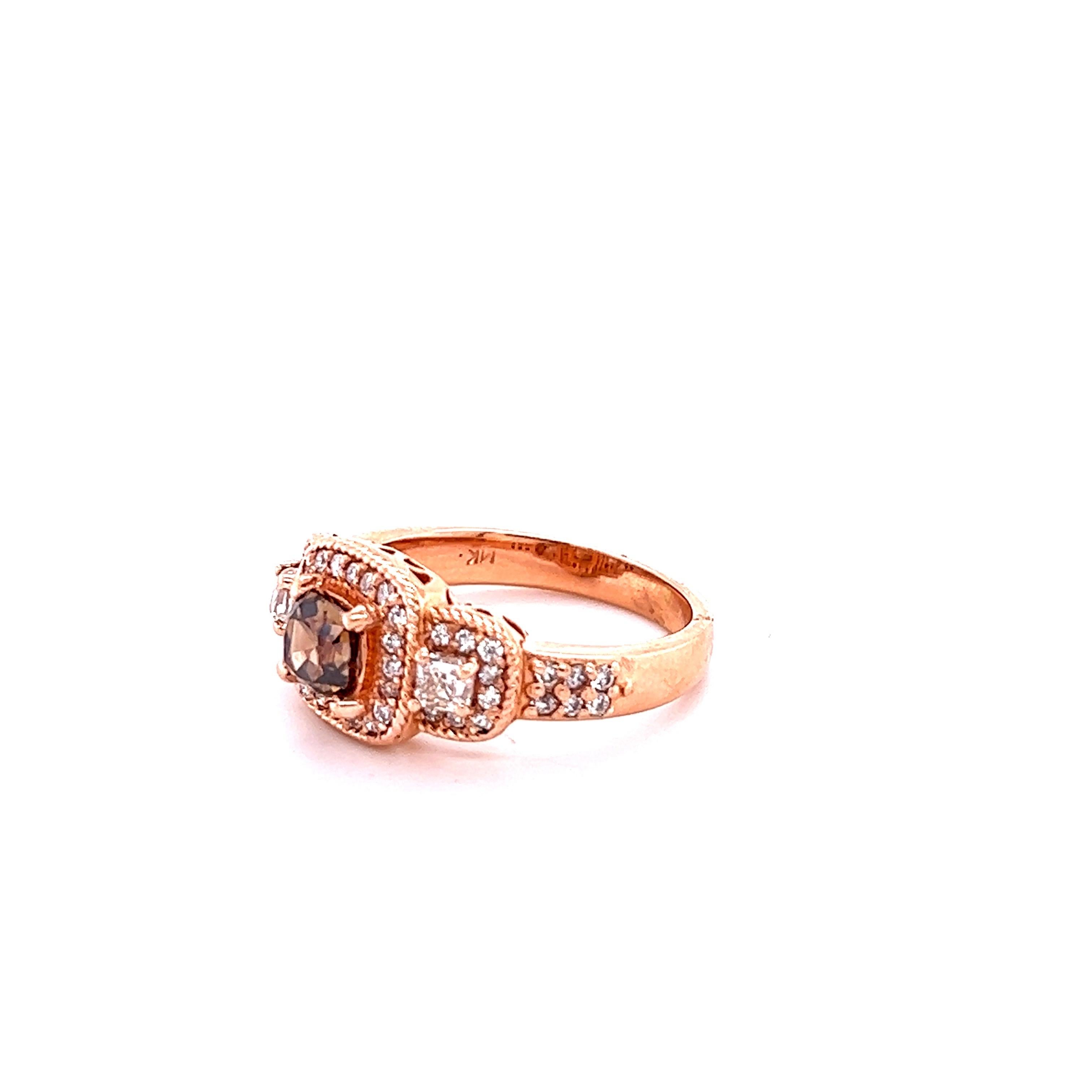 Contemporary 1.59 Carat Brown Diamond Three-Stone Rose Gold Engagement Ring For Sale