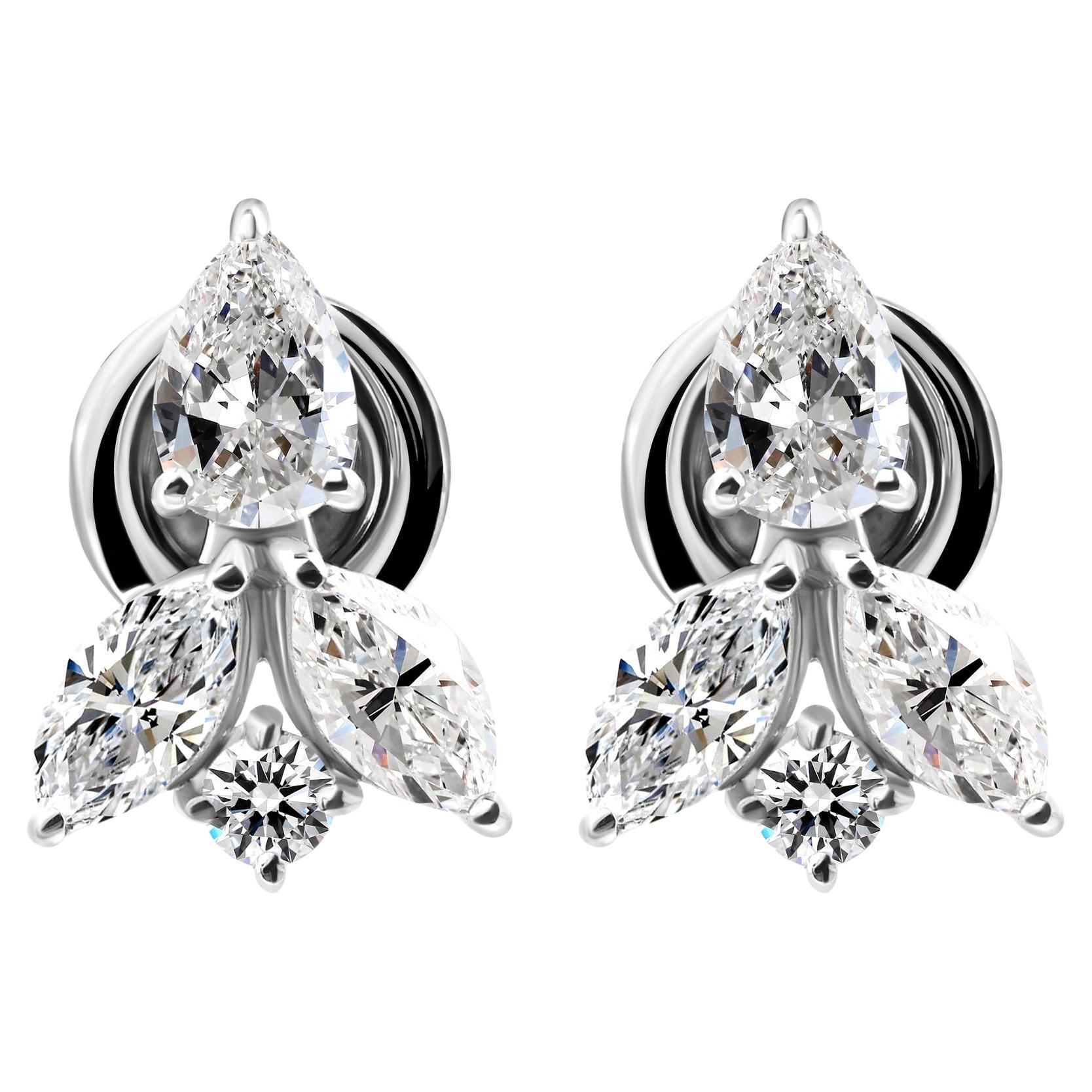 1,59 Karat zertifizierte florale Diamant-Ohrstecker im Mischschliff 14 Karat Weißgold im Angebot