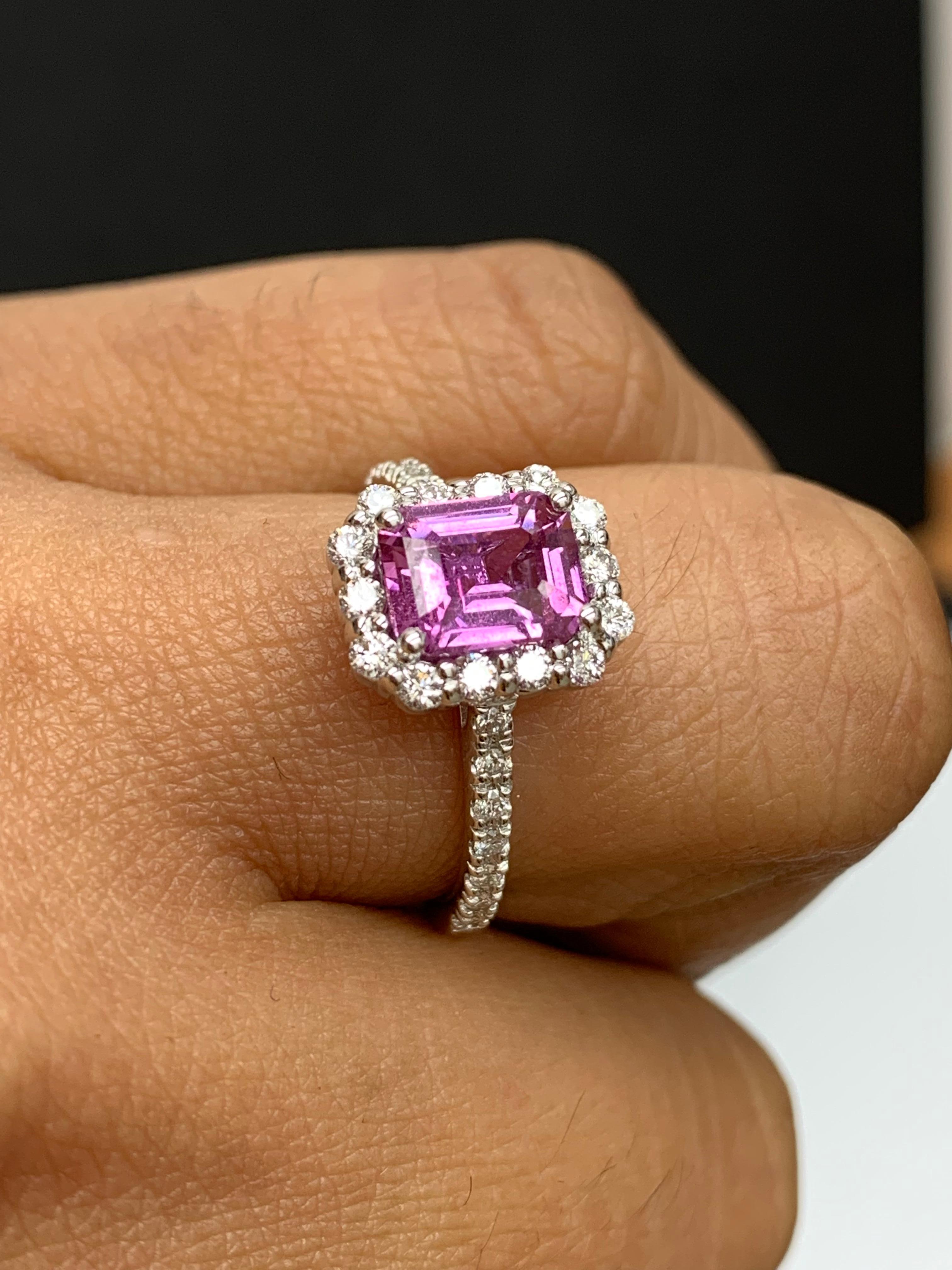 1.59 Carat Emerald Cut Pink Sapphire Diamond Engagement Ring in 14K White Gold For Sale 2