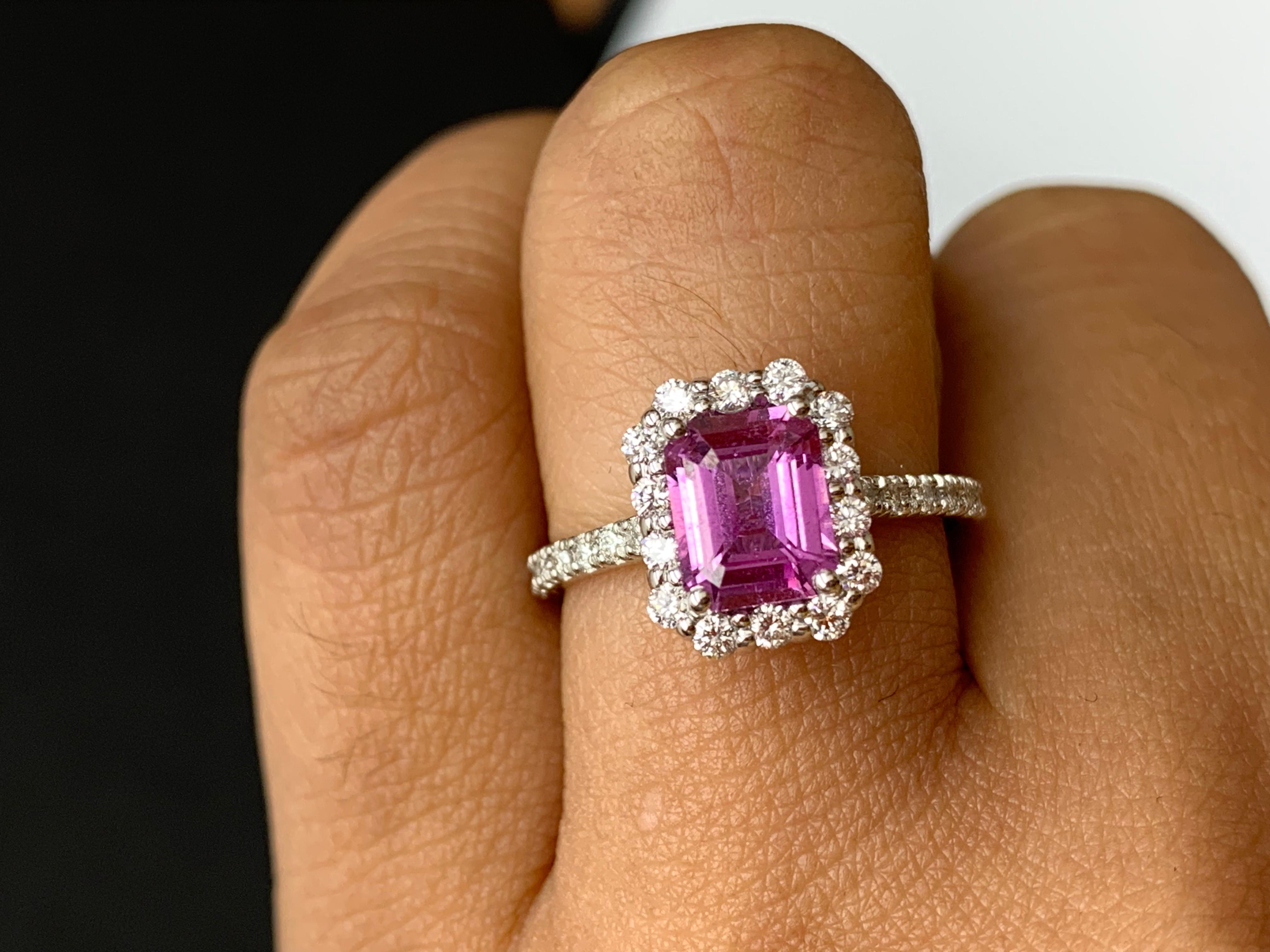1.59 Carat Emerald Cut Pink Sapphire Diamond Engagement Ring in 14K White Gold For Sale 3