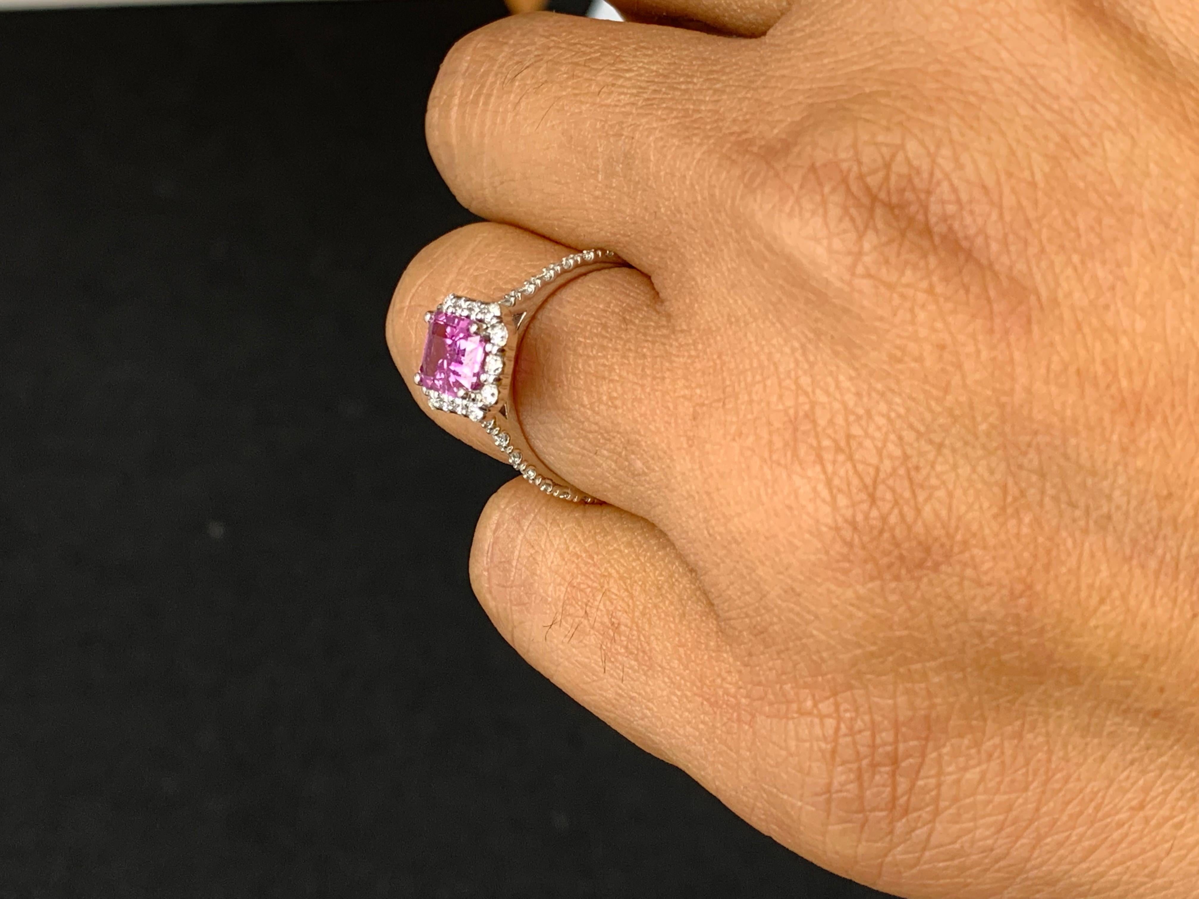 Modern 1.59 Carat Emerald Cut Pink Sapphire Diamond Engagement Ring in 14K White Gold For Sale