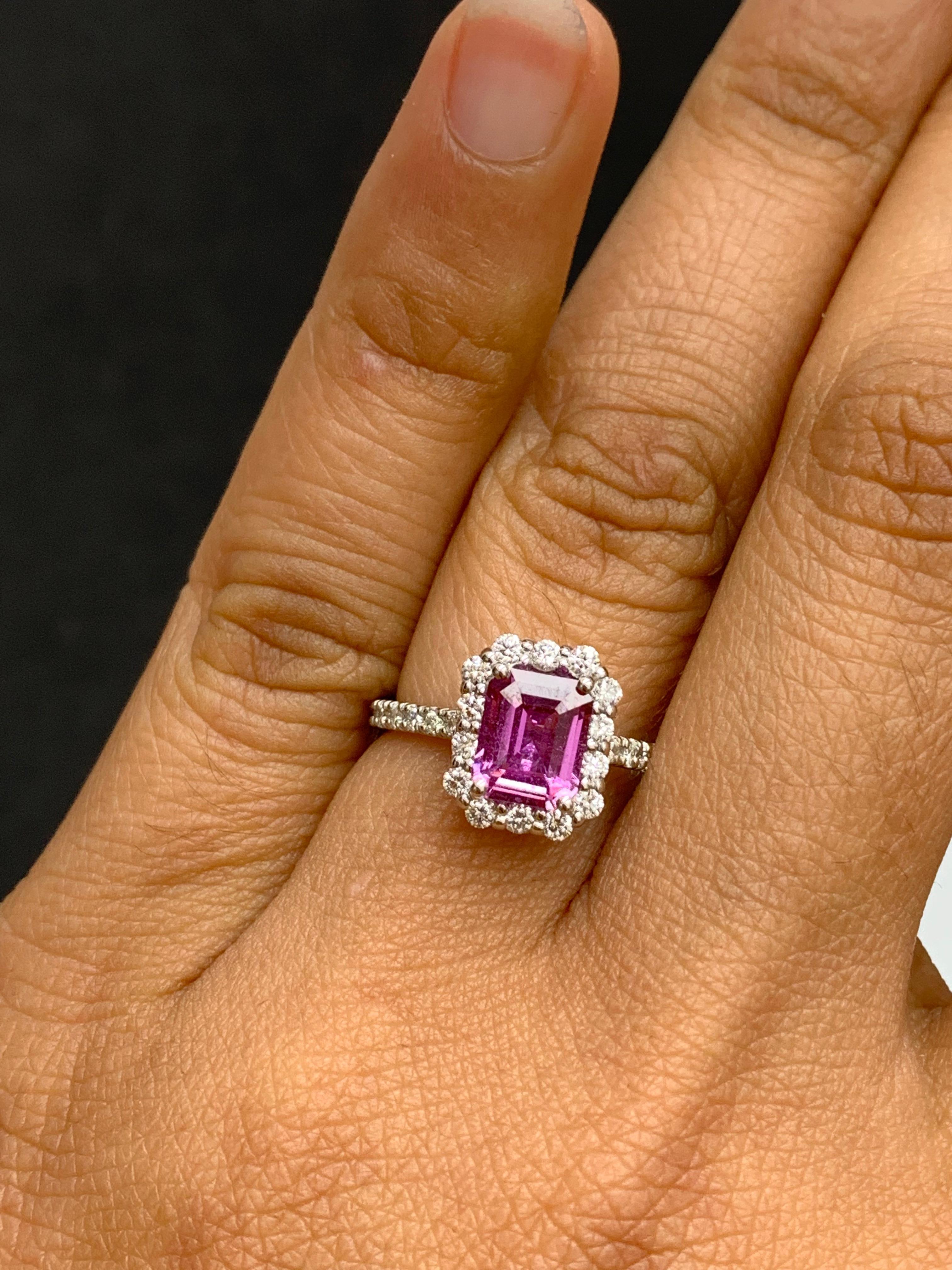 1.59 Carat Emerald Cut Pink Sapphire Diamond Engagement Ring in 14K White Gold In New Condition For Sale In NEW YORK, NY