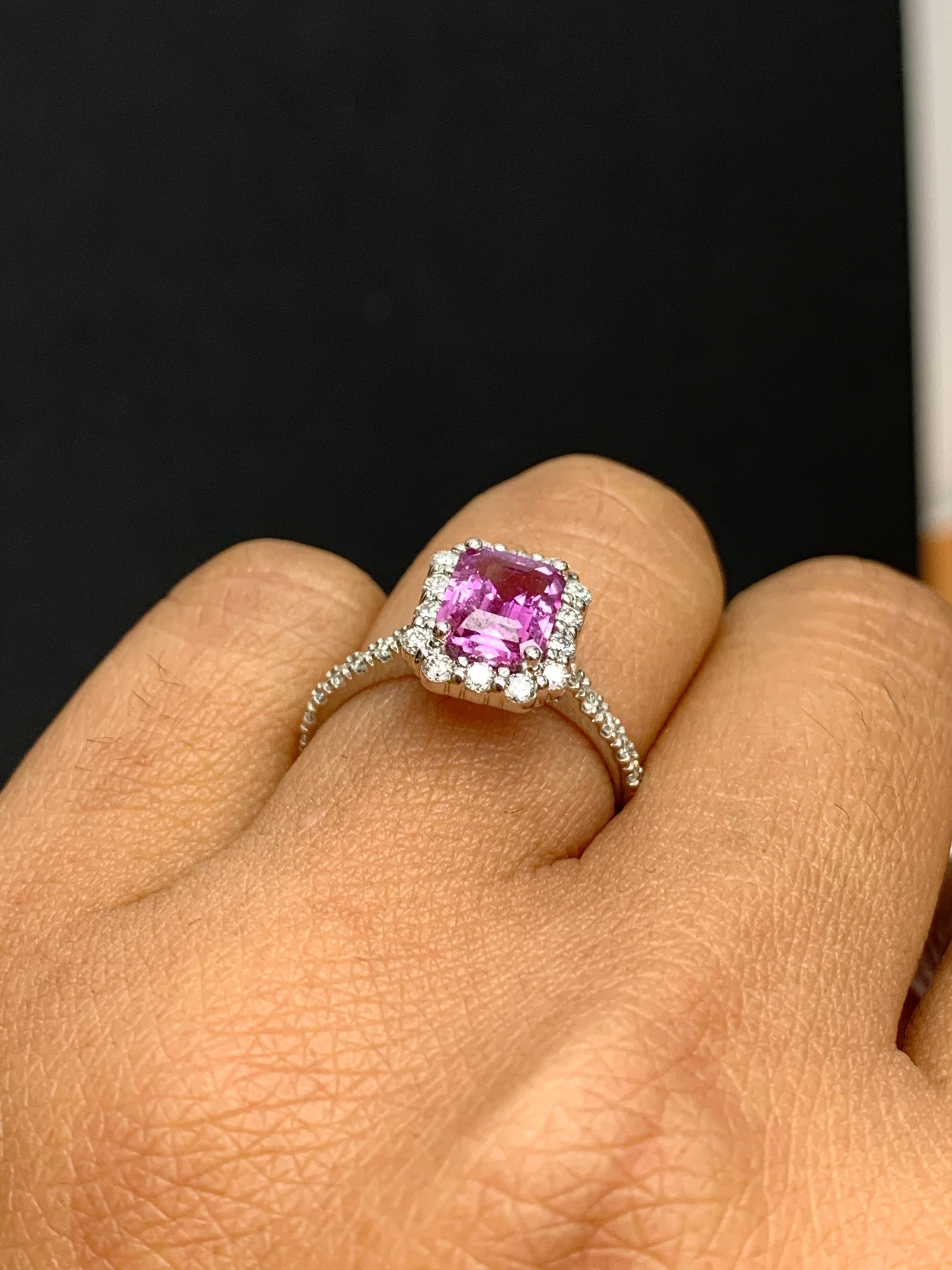 Women's 1.59 Carat Emerald Cut Pink Sapphire Diamond Engagement Ring in 14K White Gold For Sale