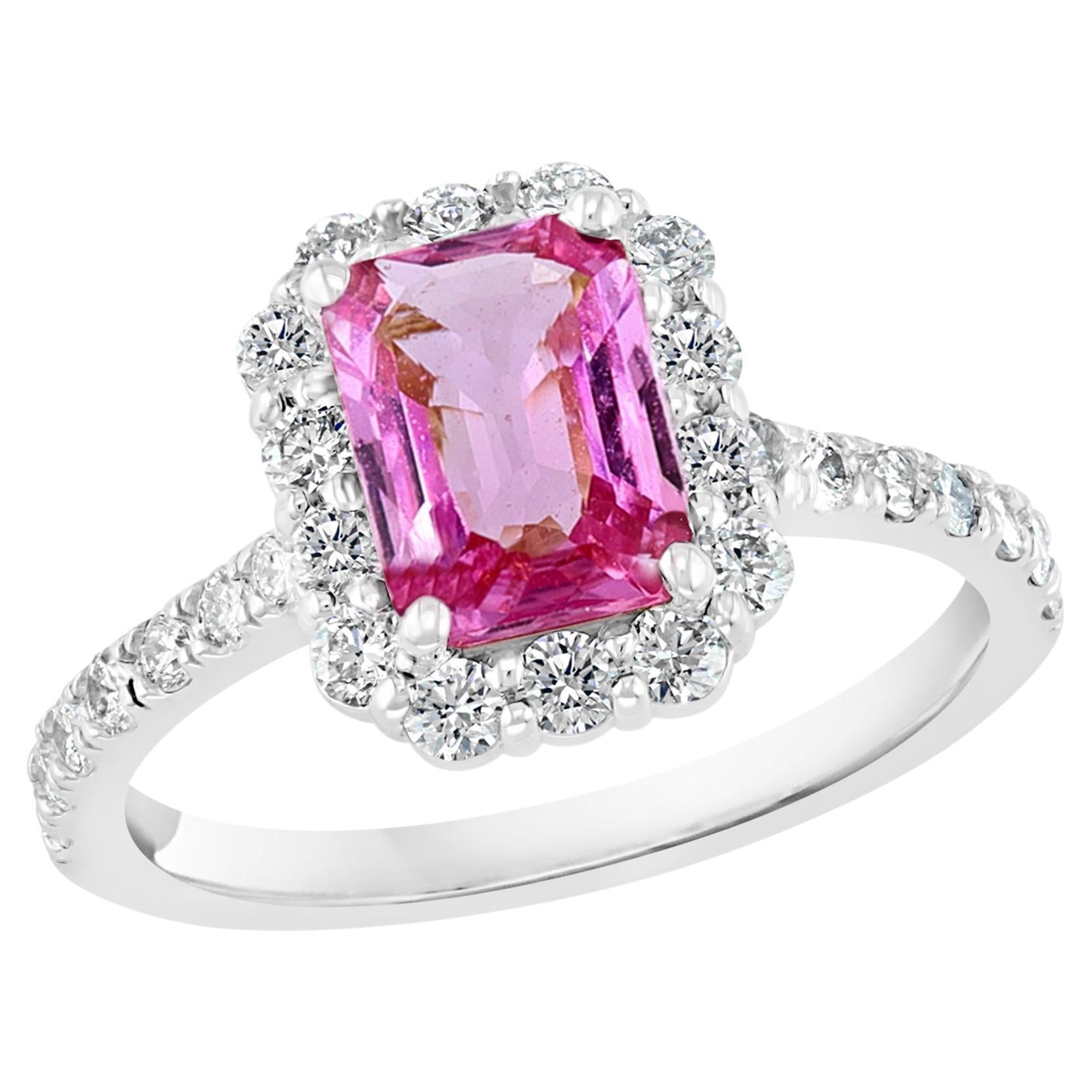 1.59 Carat Emerald Cut Pink Sapphire Diamond Engagement Ring in 14K White Gold For Sale