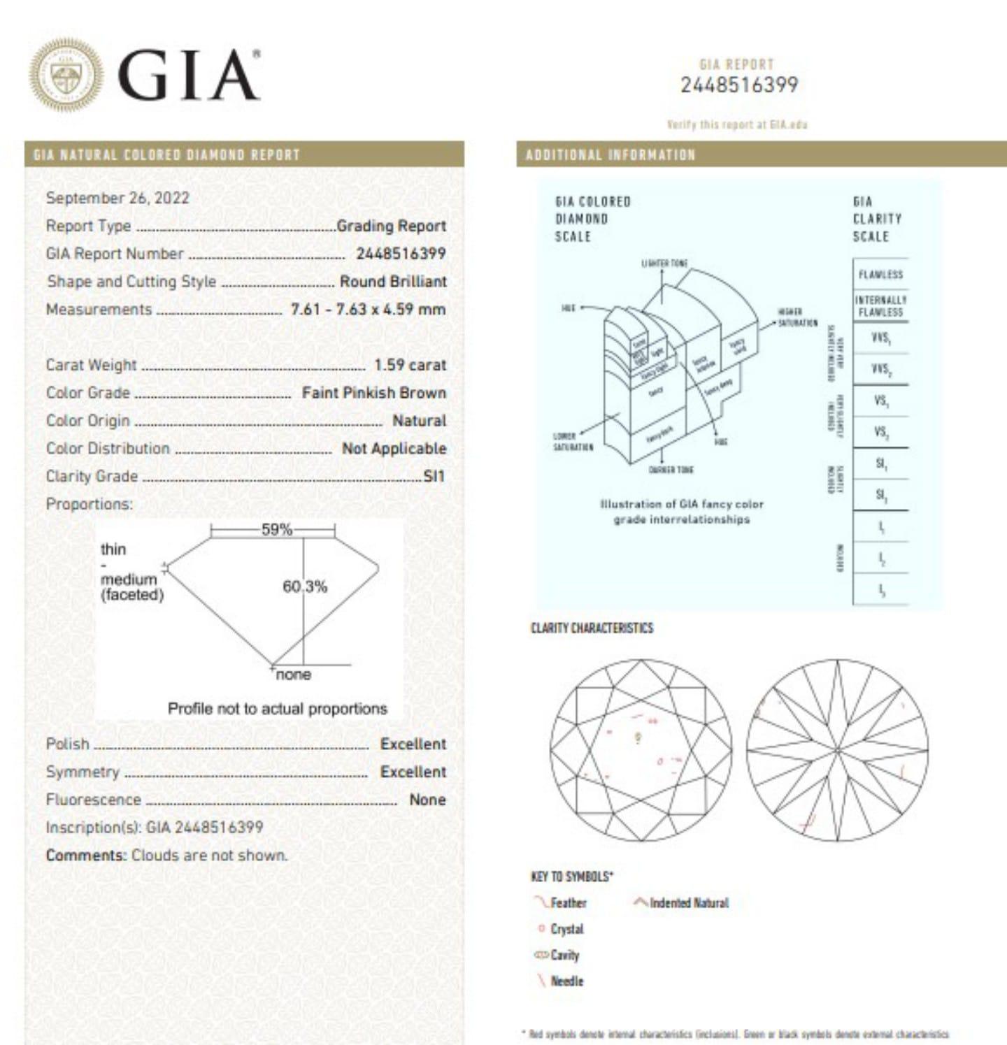 1.59-CARAT, FAINT PINKISH BROWN -, Round, SI1-CLARITY, GIA , SKU-7802 For Sale 1