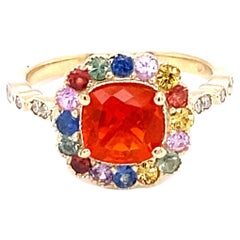 1.59 Carat Fire Opal Sapphire Diamond Yellow Gold Engagement Ring