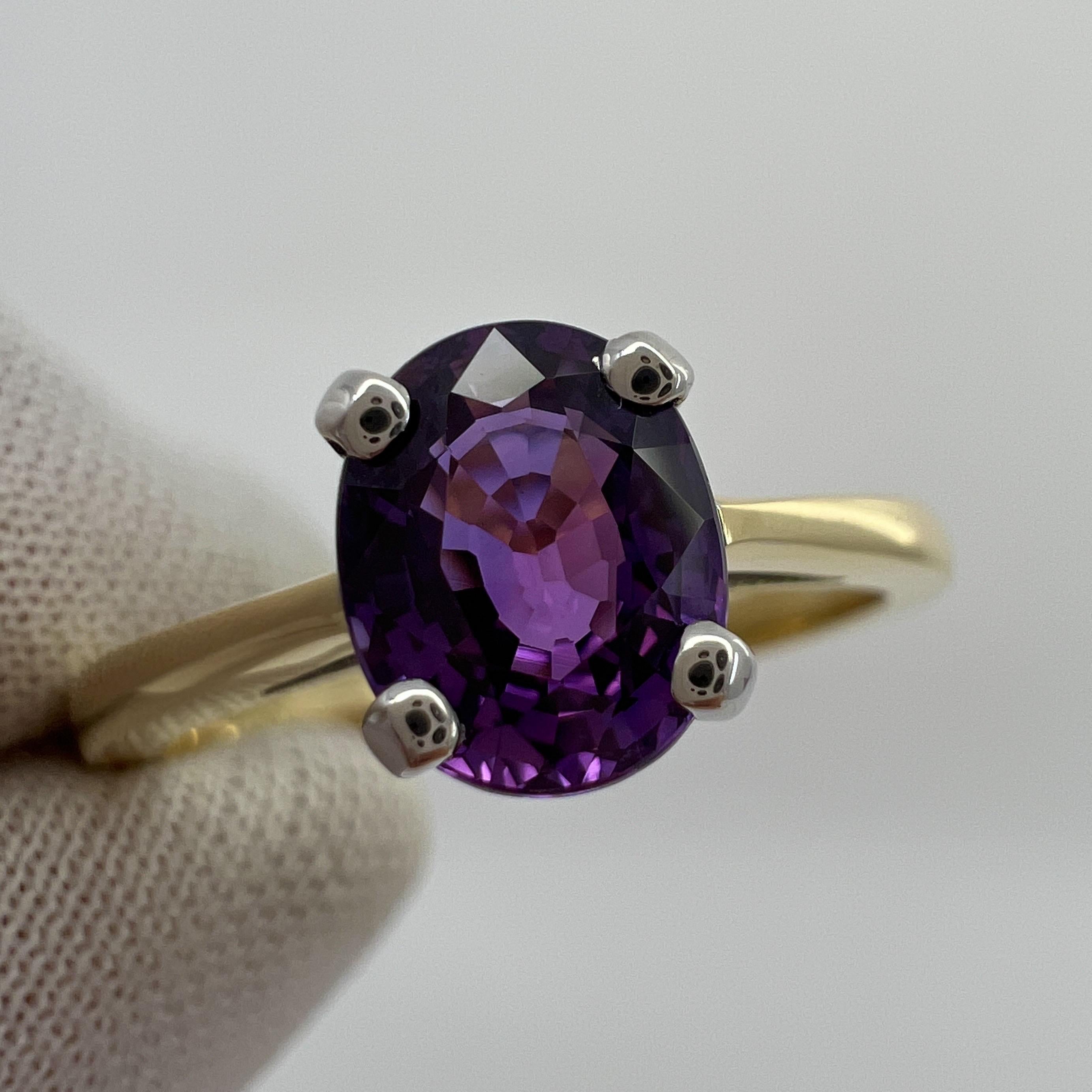 Natural Deep Purple Sapphire Oval Cut 18k Multi Tone Gold Solitaire Ring.

1.59 Carat sapphire with a stunning deep purple colour and excellent clarity, a very clean stone.

This sapphire also has an excellent oval cut which shows lots of sparkle