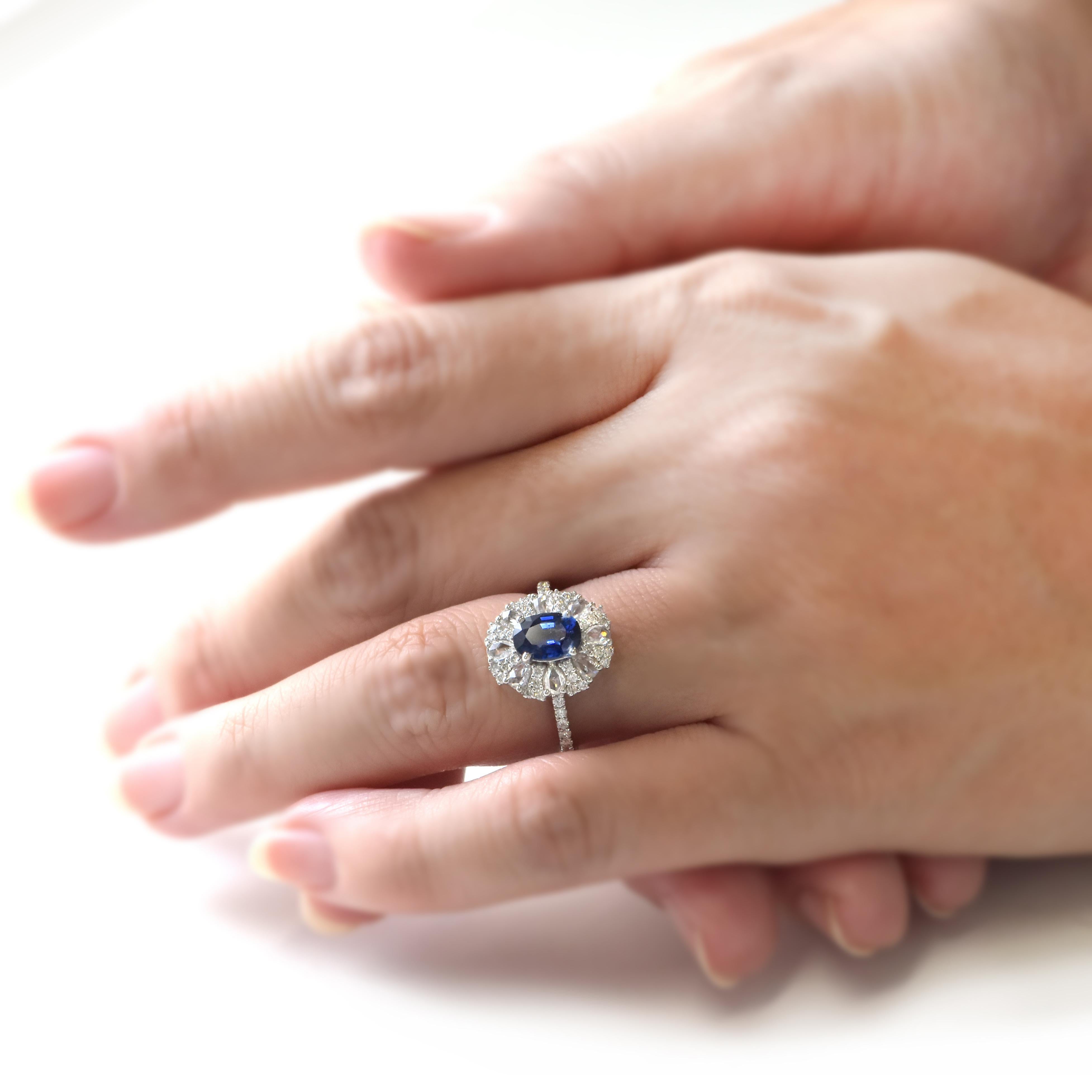1.59 Carat Natural Sapphire & Rose Cut Diamonds Ring Made in 18 Karat White Gold For Sale 6