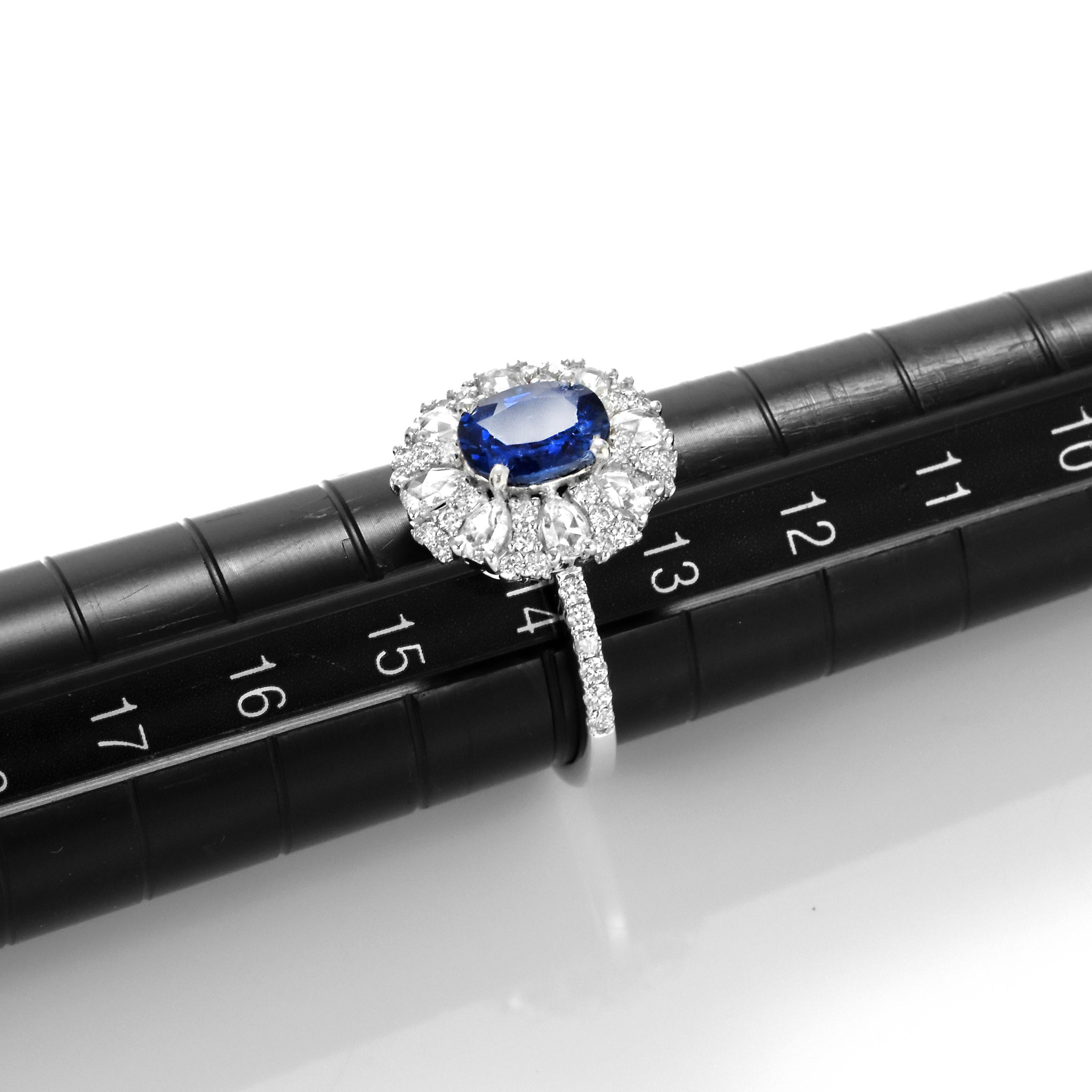 1.59 Carat Natural Sapphire & Rose Cut Diamonds Ring Made in 18 Karat White Gold For Sale 7