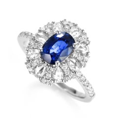 1.59 Carat Natural Sapphire & Rose Cut Diamonds Ring Made in 18 Karat White Gold