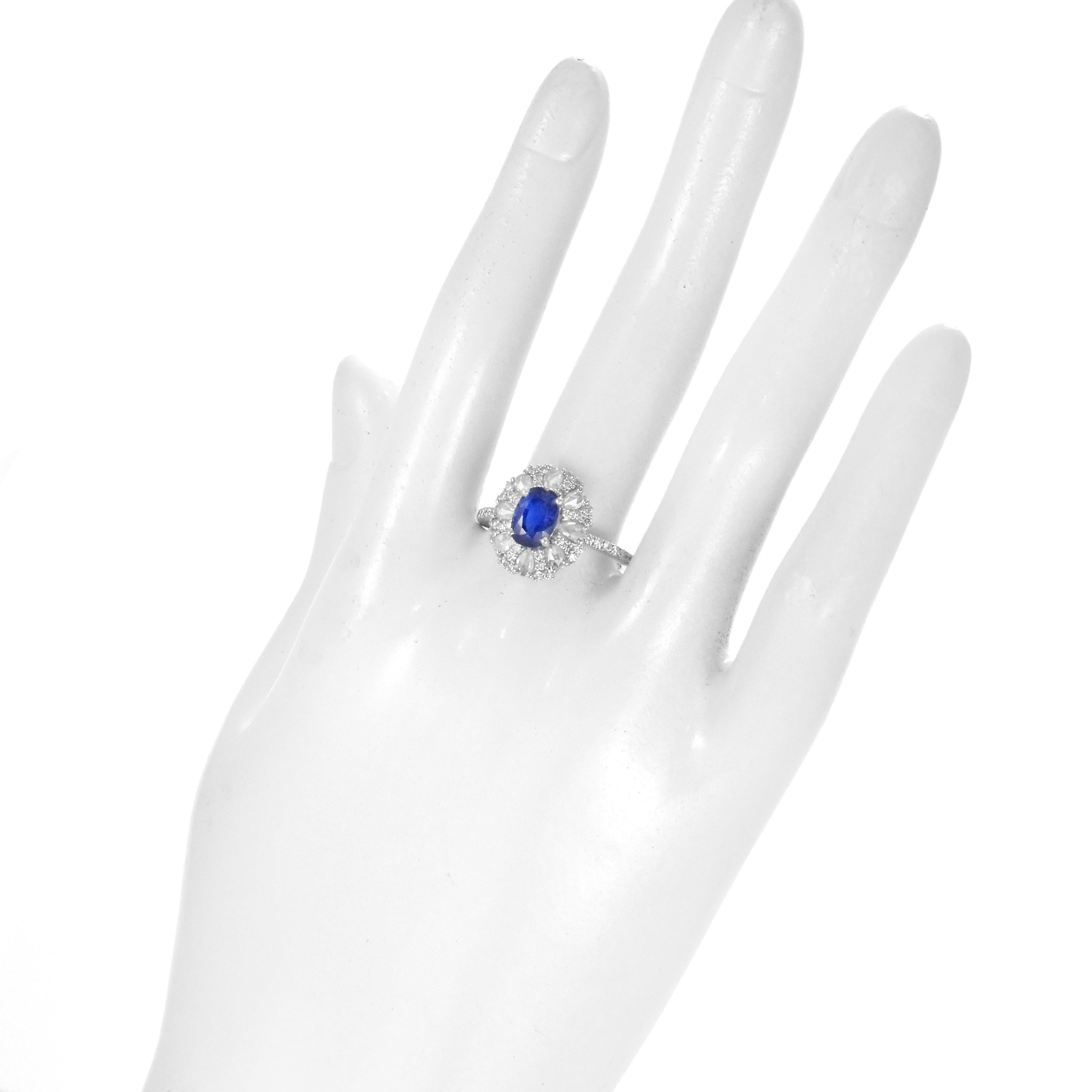 Oval Cut 1.59 Carat Natural Sapphire & Rose Cut Diamonds Ring Made in 18 Karat White Gold For Sale