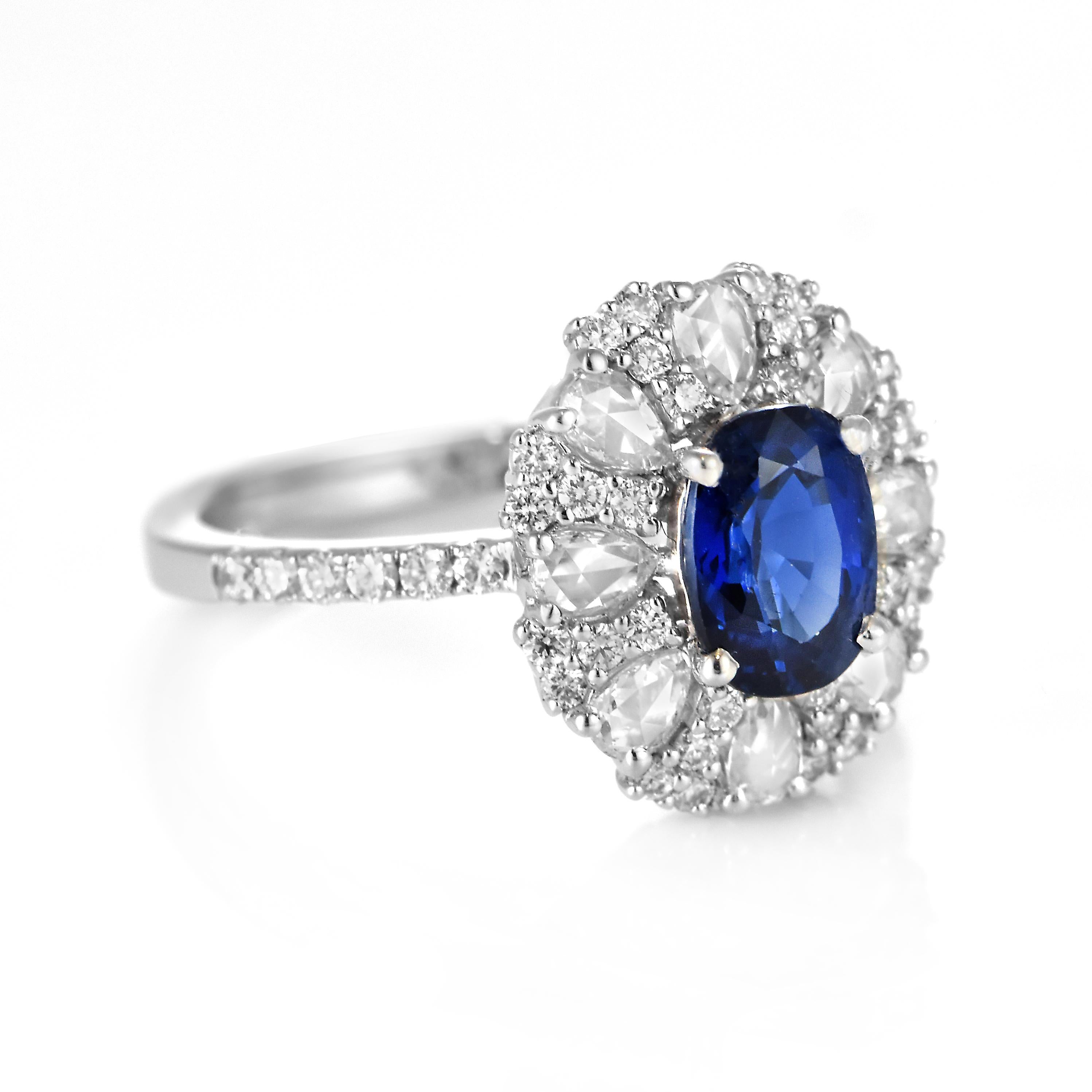 1.59 Carat Natural Sapphire & Rose Cut Diamonds Ring Made in 18 Karat White Gold For Sale 1