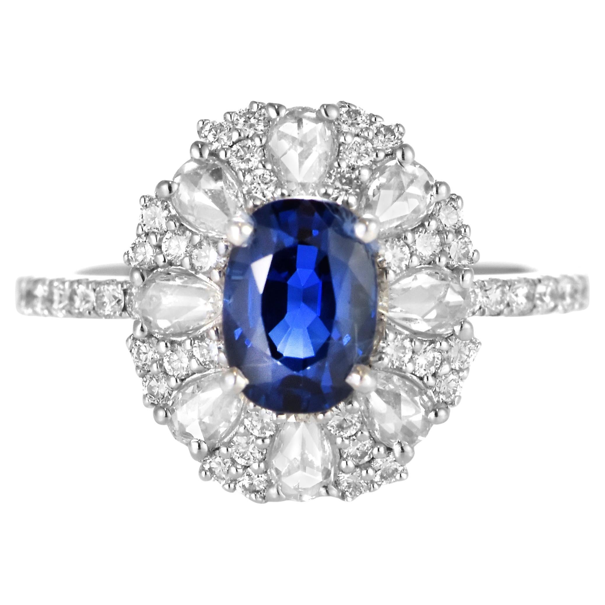 1.59 Carat Natural Sapphire & Rose Cut Diamonds Ring Made in 18 Karat White Gold For Sale