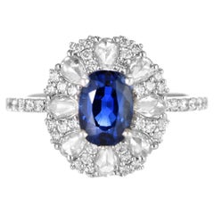 Bague en or blanc 18 carats, saphir naturel de 1,59 carat et diamants de taille rose
