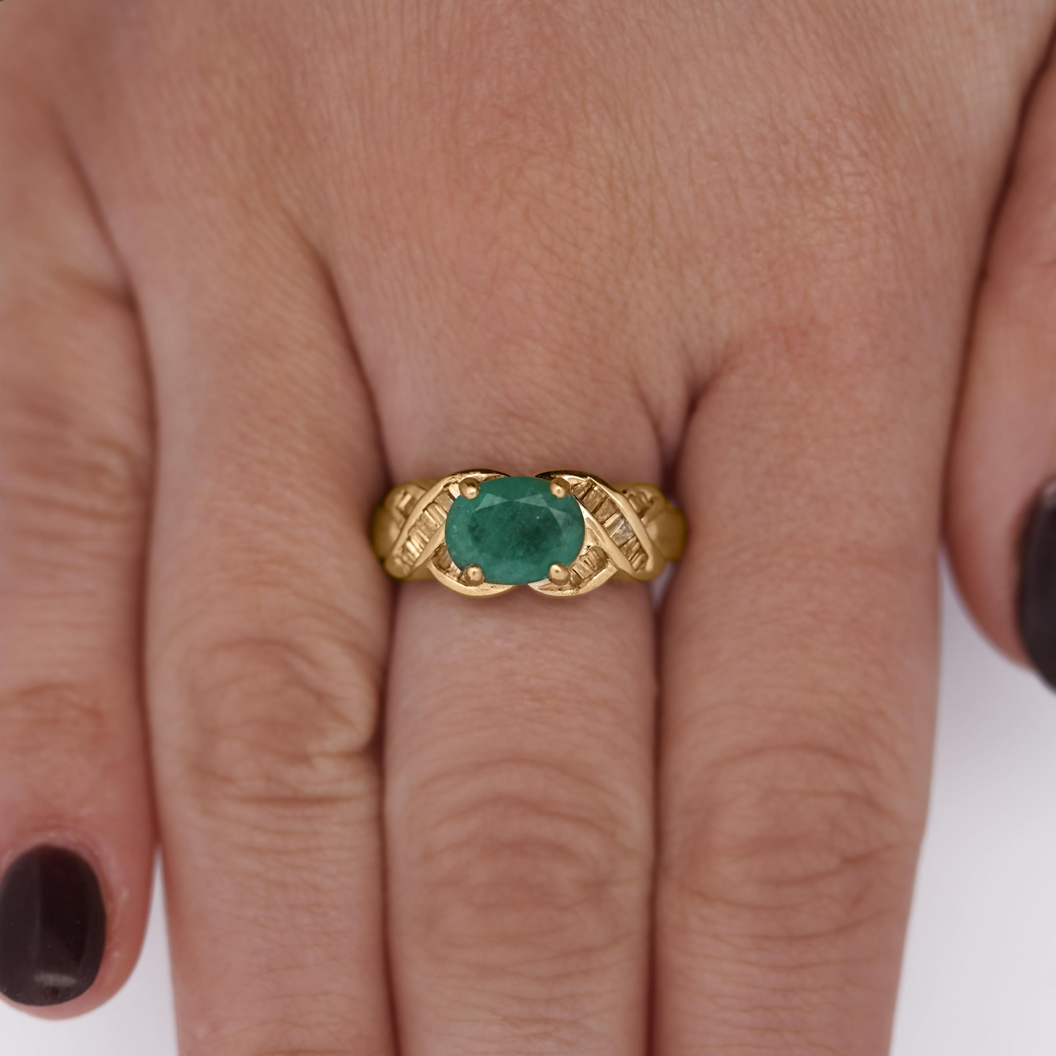 1.59 Carat Oval Cut Emerald & Diamond 14K Gold East West Ring For Sale 1