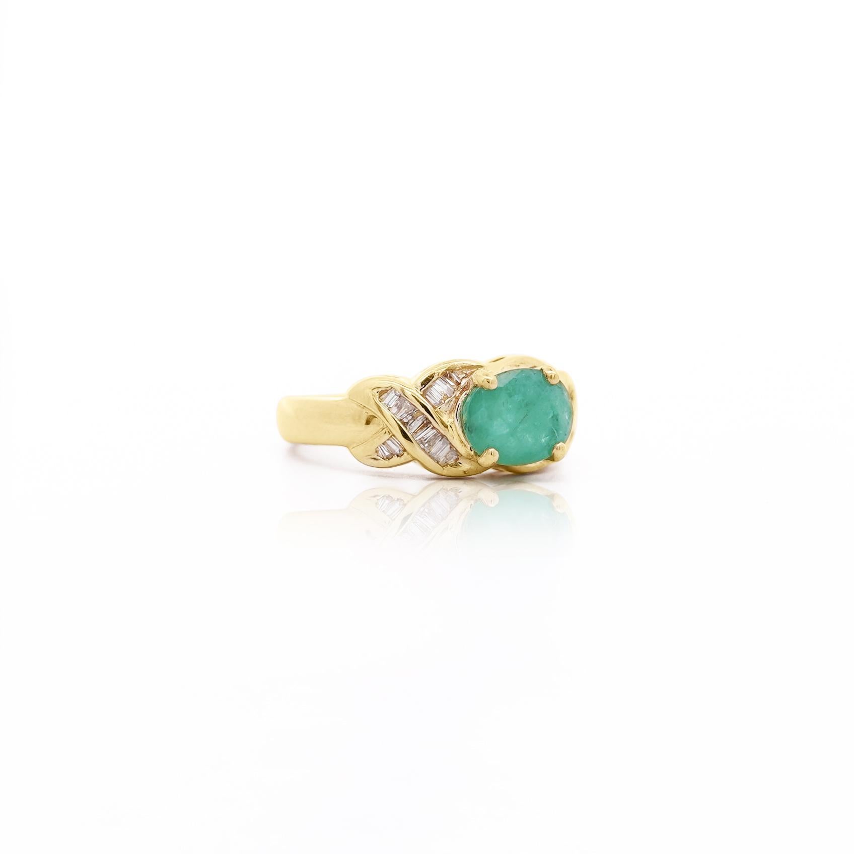 1.59 Carat Oval Cut Emerald & Diamond 14K Gold East West Ring For Sale 2