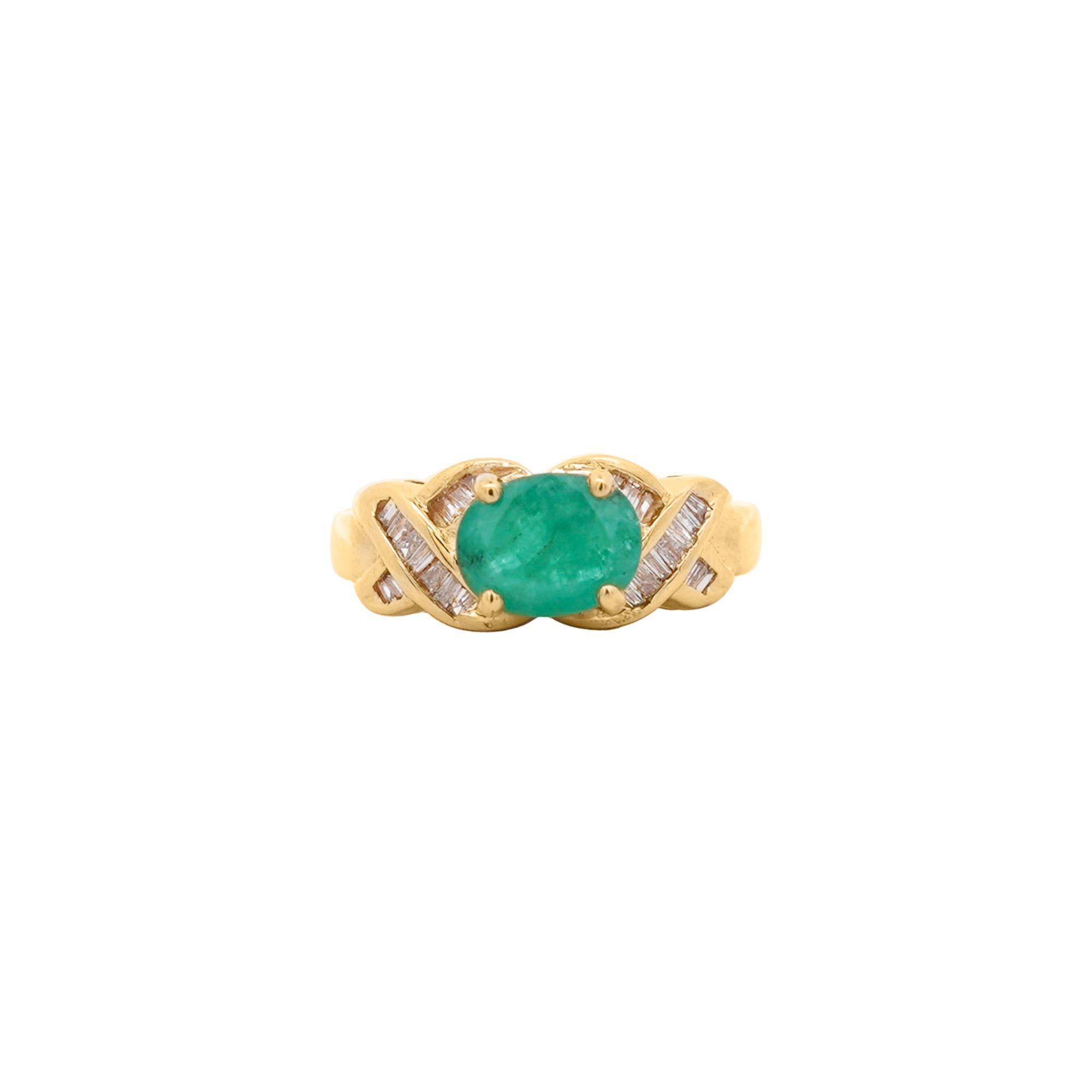 1.59 Carat Oval Cut Emerald & Diamond 14K Gold East West Ring For Sale 3