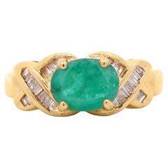1.59 Carat Oval Cut Emerald & Diamond 14K Gold East West Ring