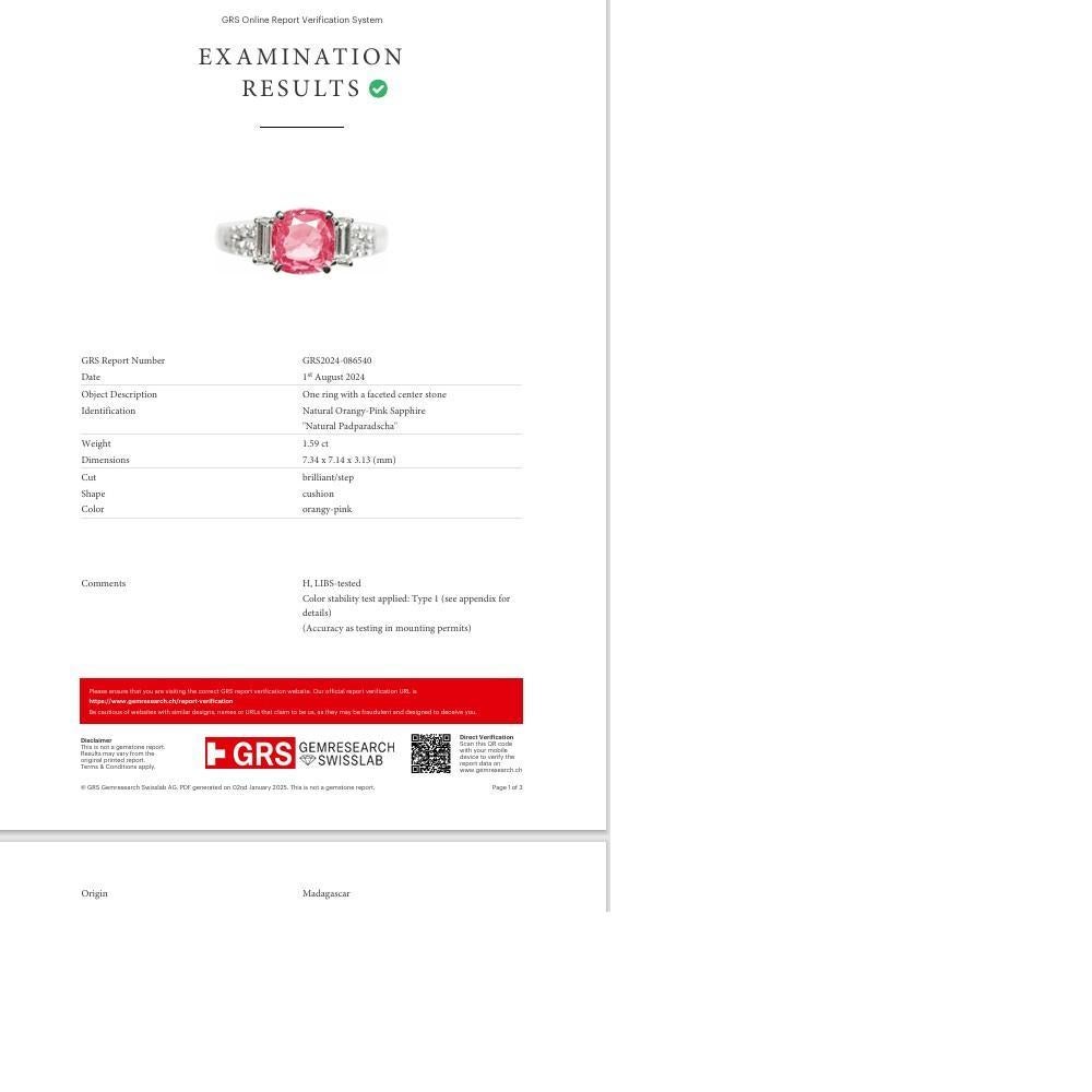 1,59 Karat Padparadscha Saphir Diamant Platinring, GRS-zertifiziert im Zustand „Neu“ im Angebot in Beverly Hills, CA