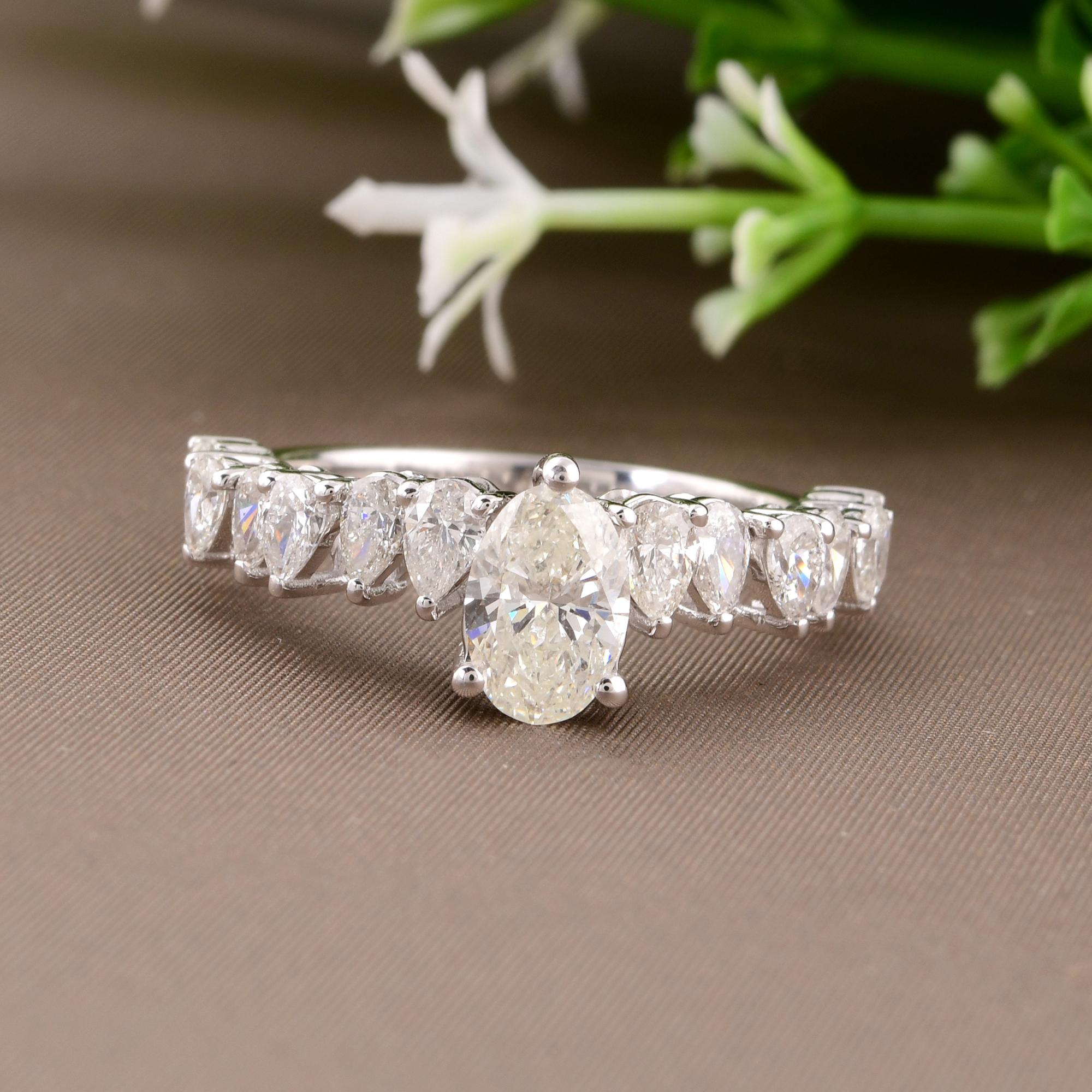 Modern 1.59 Carat Pear & Oval Diamond Ring 18 Karat White Gold Handmade Fine Jewelry For Sale