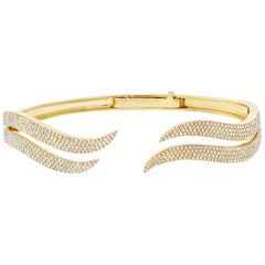 1.59 Carat Round Brilliant Cut Diamond Double Wave Bangle in 14 Karat Gold