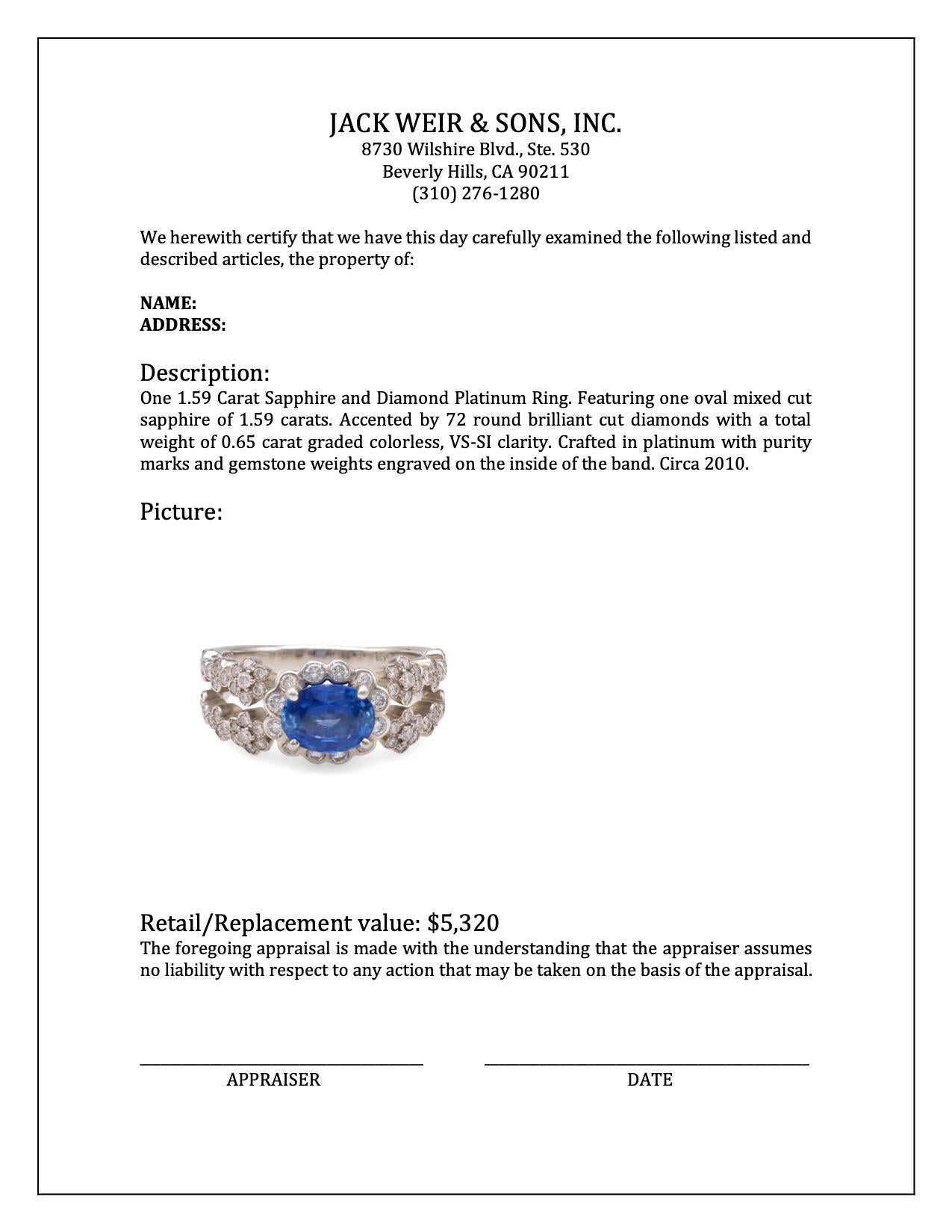 1.59 Carat Sapphire and Diamond Platinum Ring For Sale 1