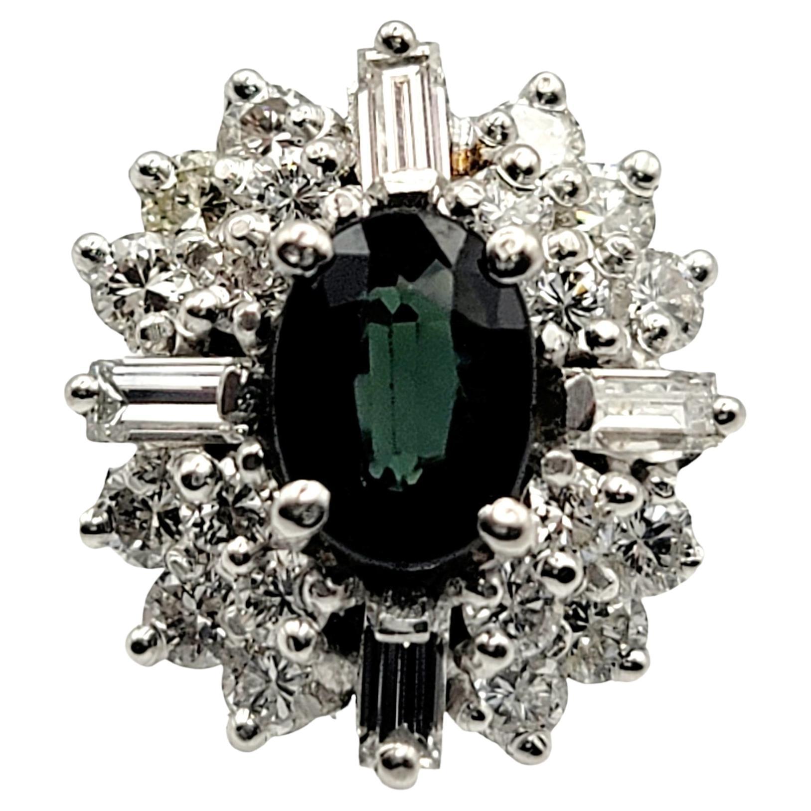 Contemporary 1.59 Carat Total Oval Chrome Diopside and Diamond Halo Ring 14 Karat White Gold For Sale