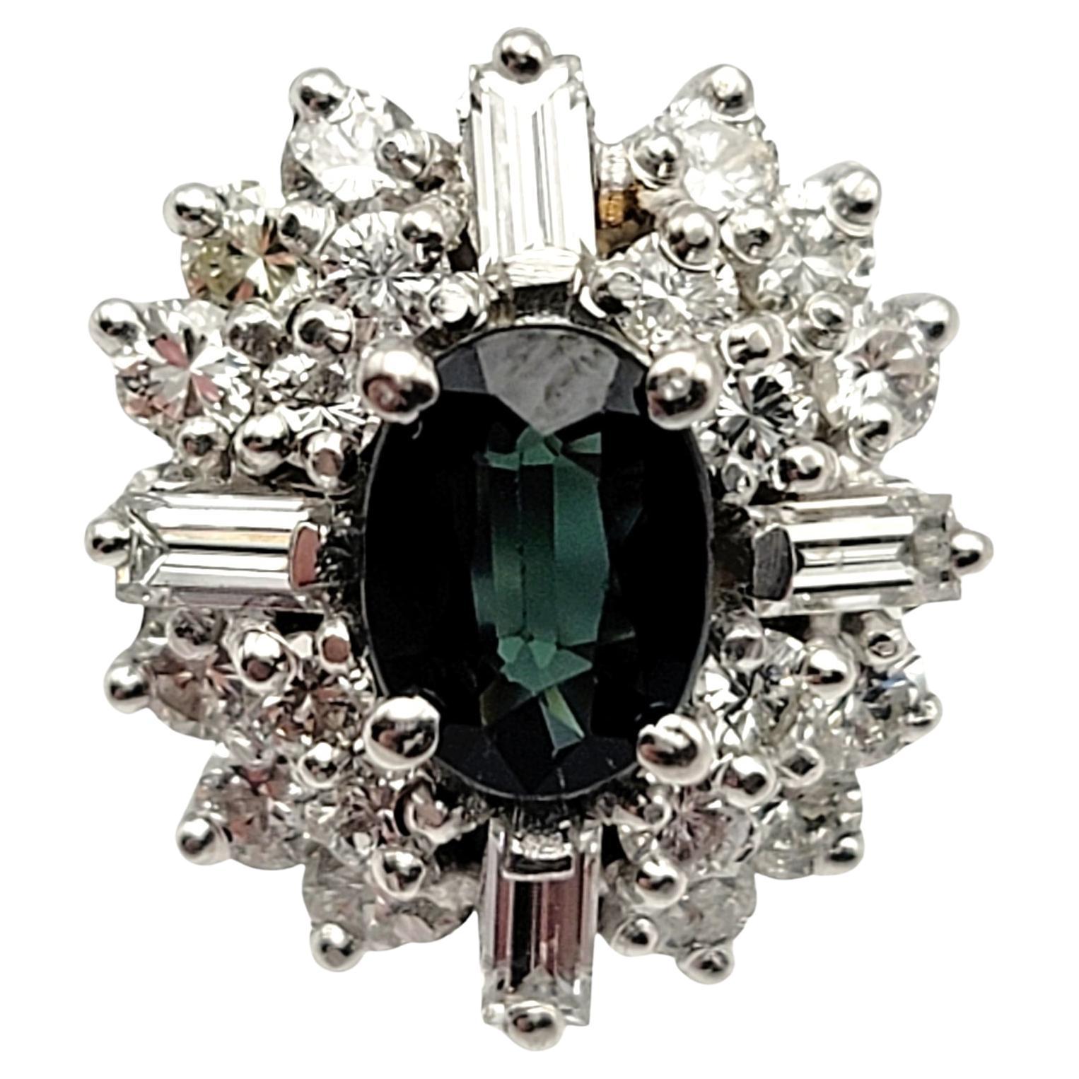 1.59 Carat Total Oval Chrome Diopside and Diamond Halo Ring 14 Karat White Gold For Sale