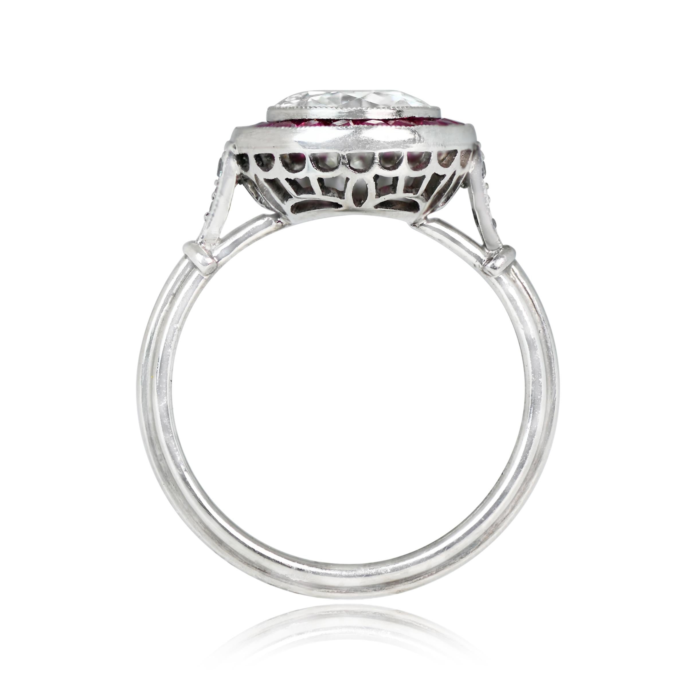 Old European Cut 1.59 Ct Old Euro-Cut Diamond Engagement Ring, VS1 Clarity, Ruby Halo, Platinum For Sale