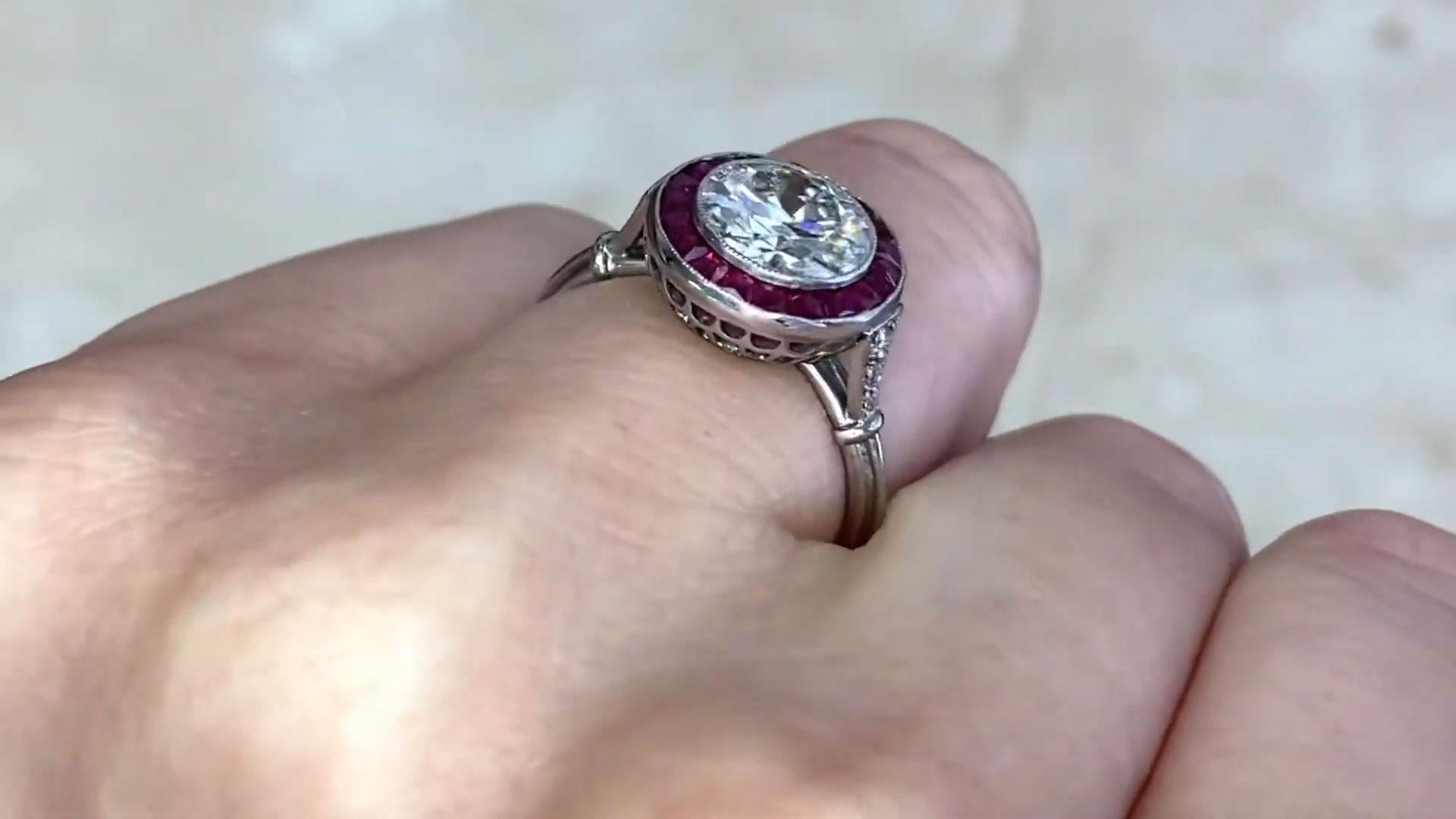 Art Deco Old Euro-cut Diamond Engagement Ring (Approx. 1.50-Carats), Ruby Halo, Platinum For Sale