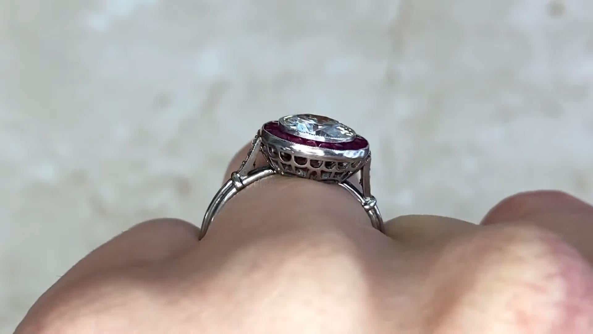 Old European Cut Old Euro-cut Diamond Engagement Ring (Approx. 1.50-Carats), Ruby Halo, Platinum For Sale