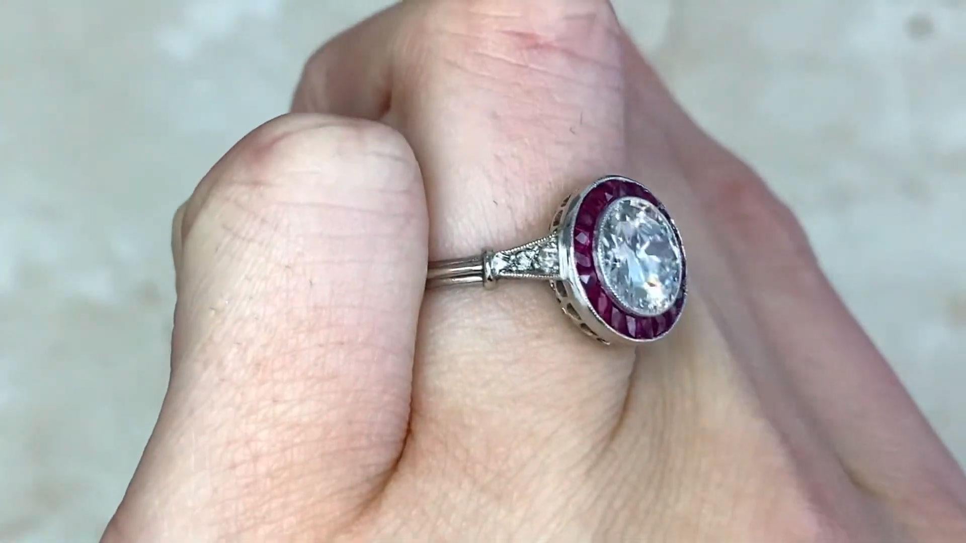 Old Euro-cut Diamond Engagement Ring (Approx. 1.50-Carats), Ruby Halo, Platinum In Excellent Condition For Sale In New York, NY