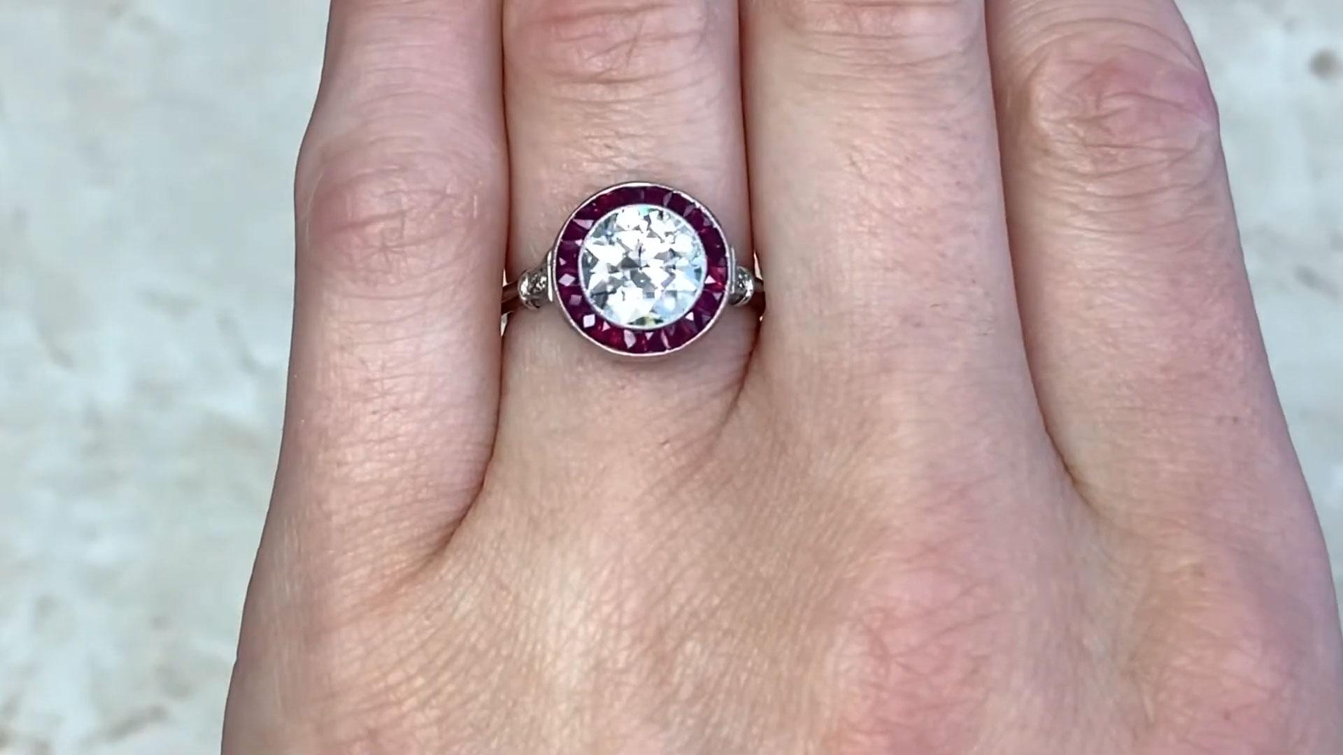 Women's Old Euro-cut Diamond Engagement Ring (Approx. 1.50-Carats), Ruby Halo, Platinum For Sale