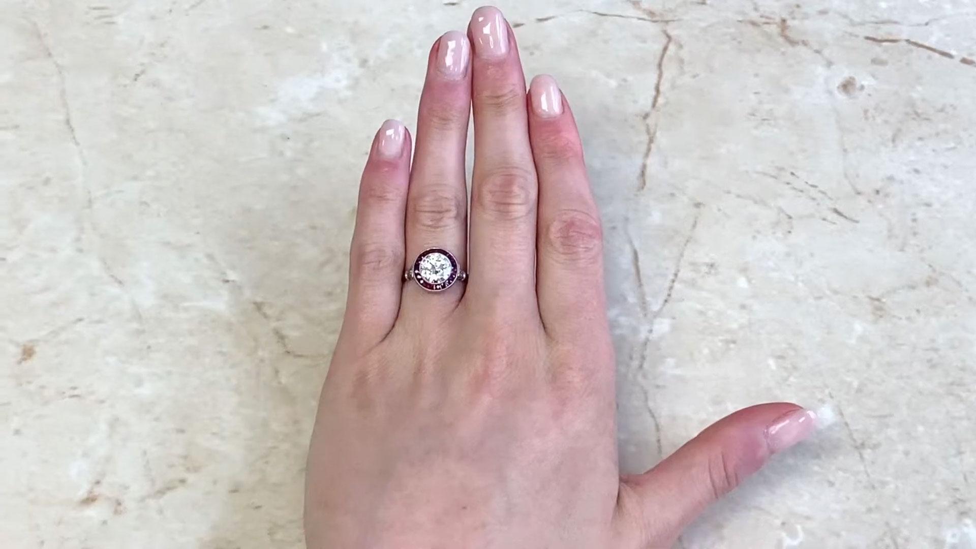Old Euro-cut Diamond Engagement Ring (Approx. 1.50-Carats), Ruby Halo, Platinum For Sale 1