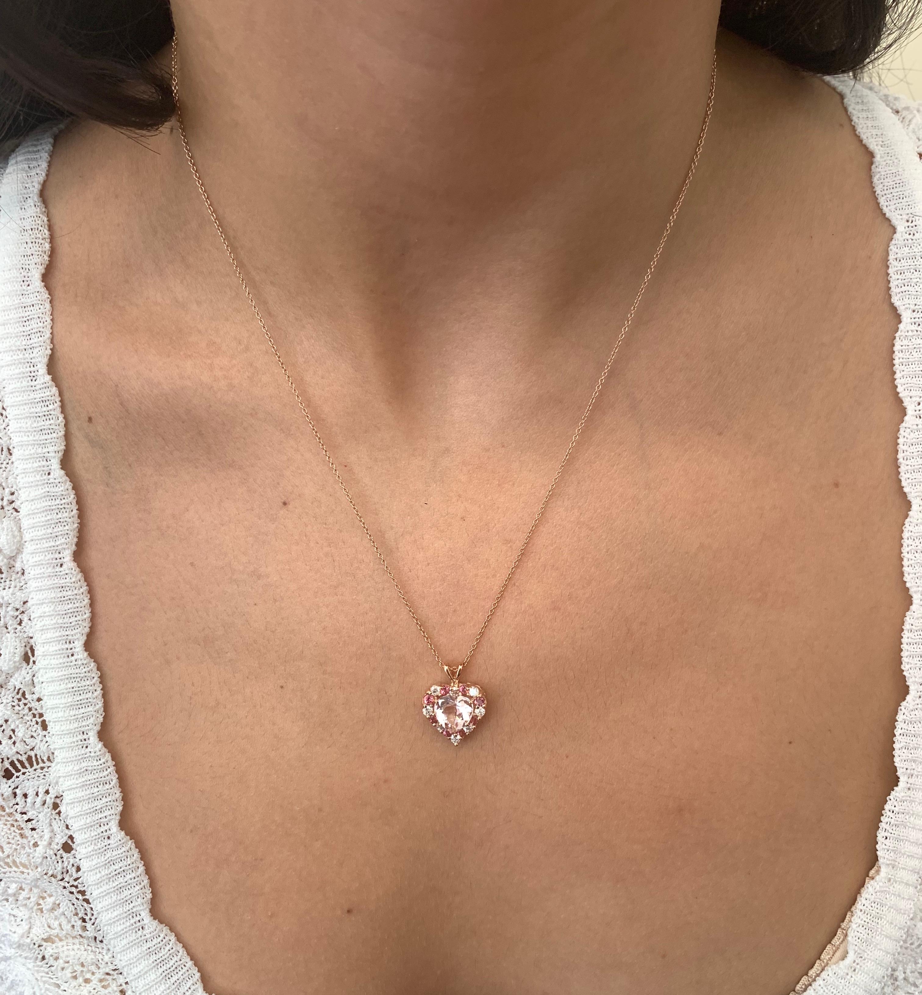 Contemporary 1.59 Ct Pink Morganite Pink Tourmaline Round Diamond Heart Pendant 14K Rose Gold