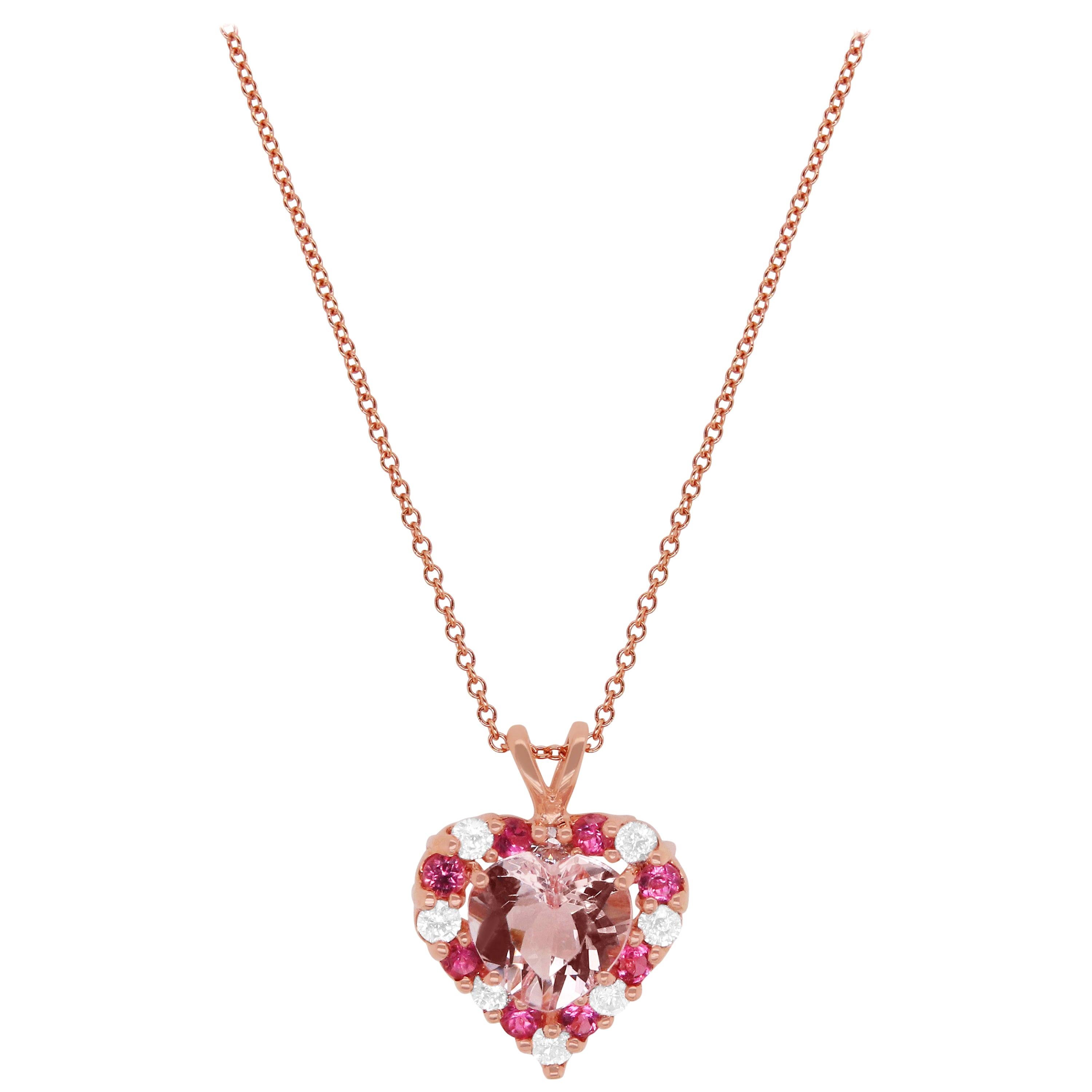 1.59 Ct Pink Morganite Pink Tourmaline Round Diamond Heart Pendant 14K Rose Gold