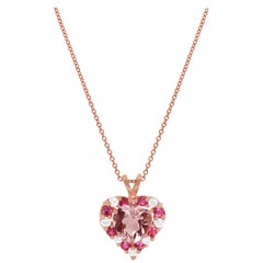 1.59 Ct Pink Morganite Pink Tourmaline Round Diamond Heart Pendant 14K Rose Gold
