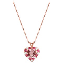 1.59 Ct Pink Morganite Pink Tourmaline Round Diamond Heart Pendant 14K Rose Gold